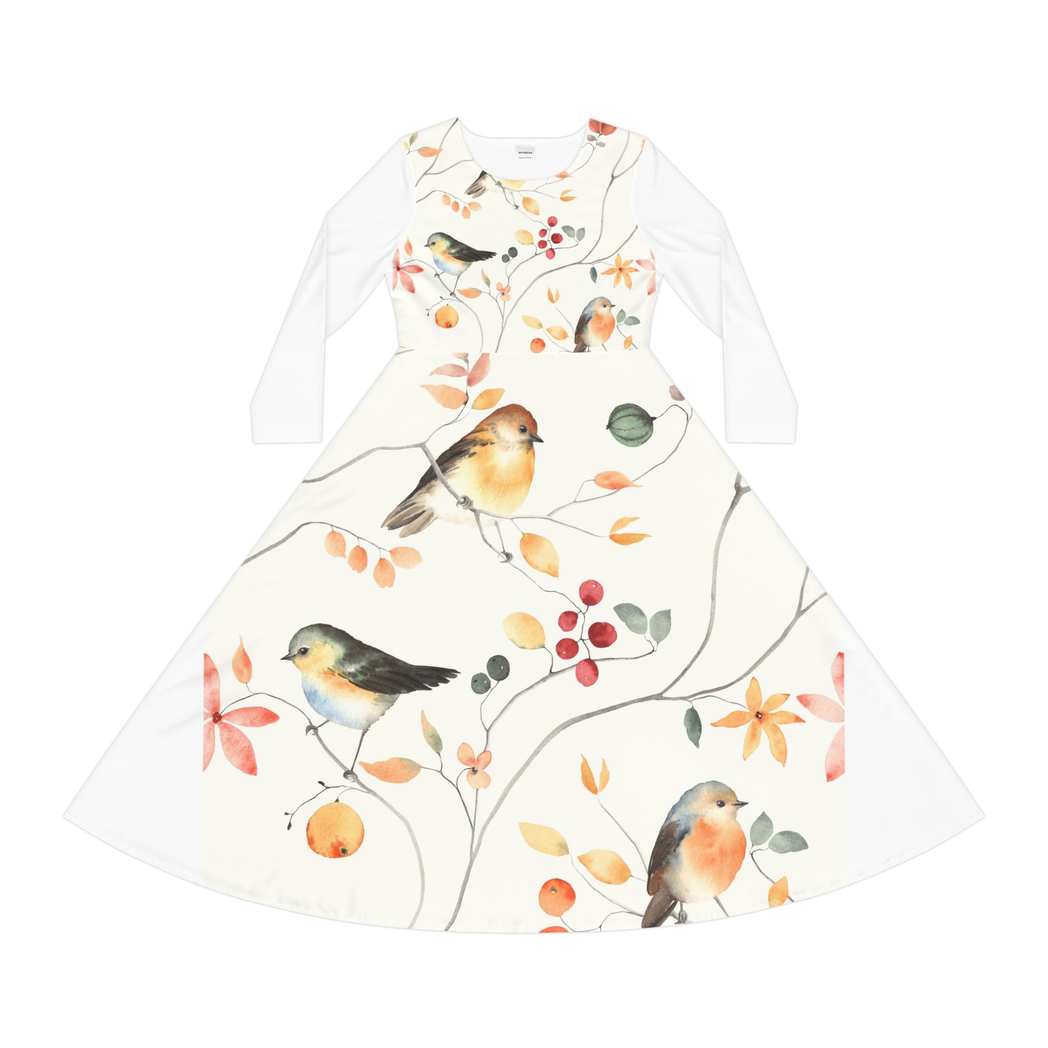 Women's Long Sleeve Dress - Watercolor Robin & Berries Floral Print
