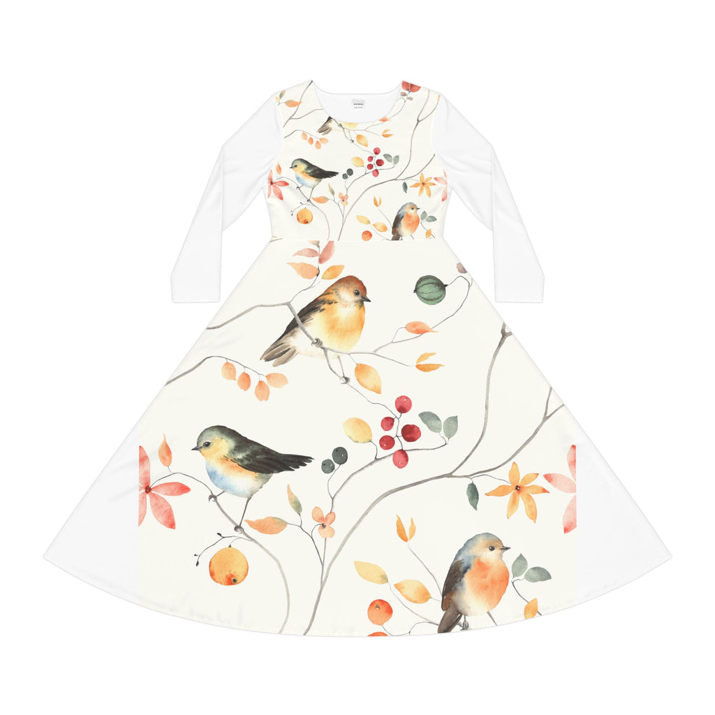 Women's Long Sleeve Dress - Watercolor Robin & Berries Floral Print