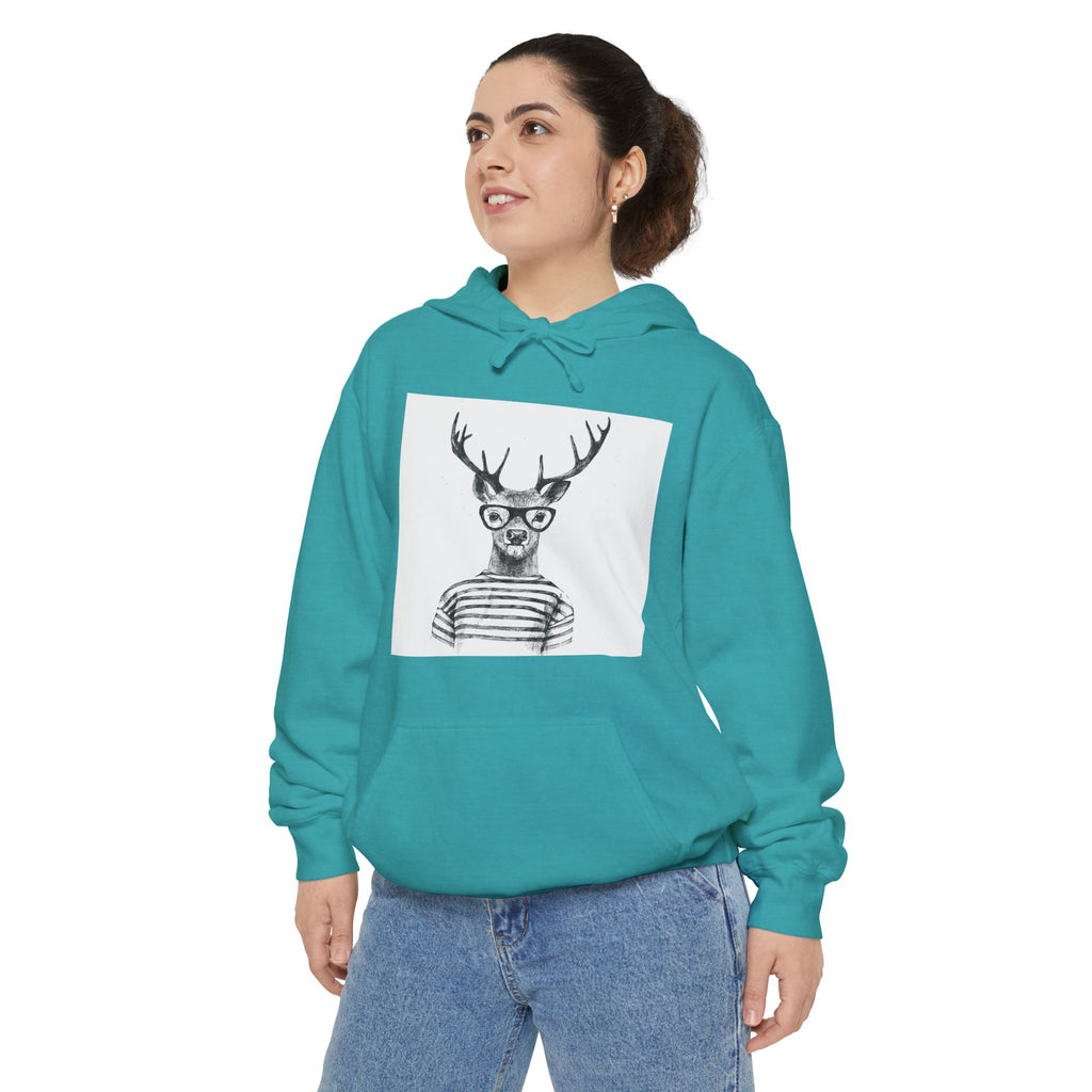 Deer in Glasses Hoodie — Hipster Stag Graphic Pullover (Joyful Script Back)