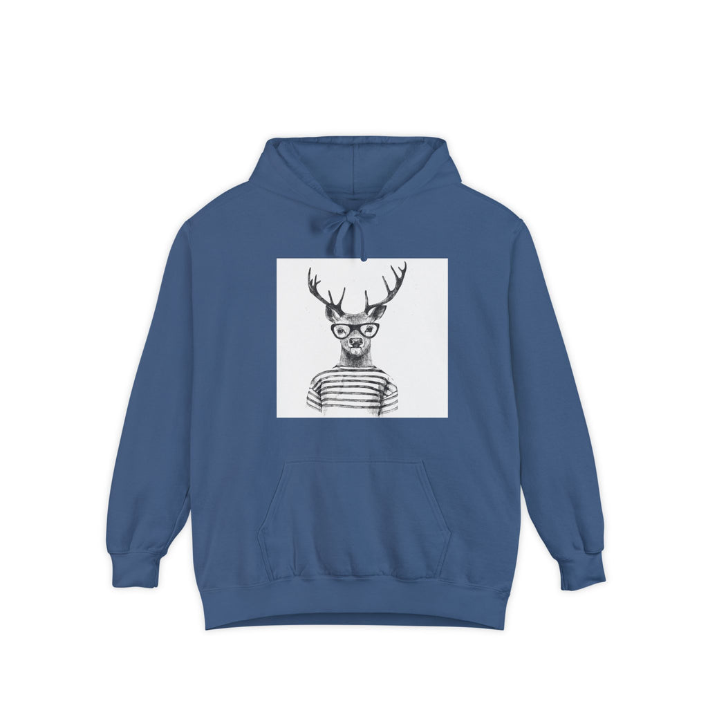 Deer in Glasses Hoodie — Hipster Stag Graphic Pullover (Joyful Script Back)