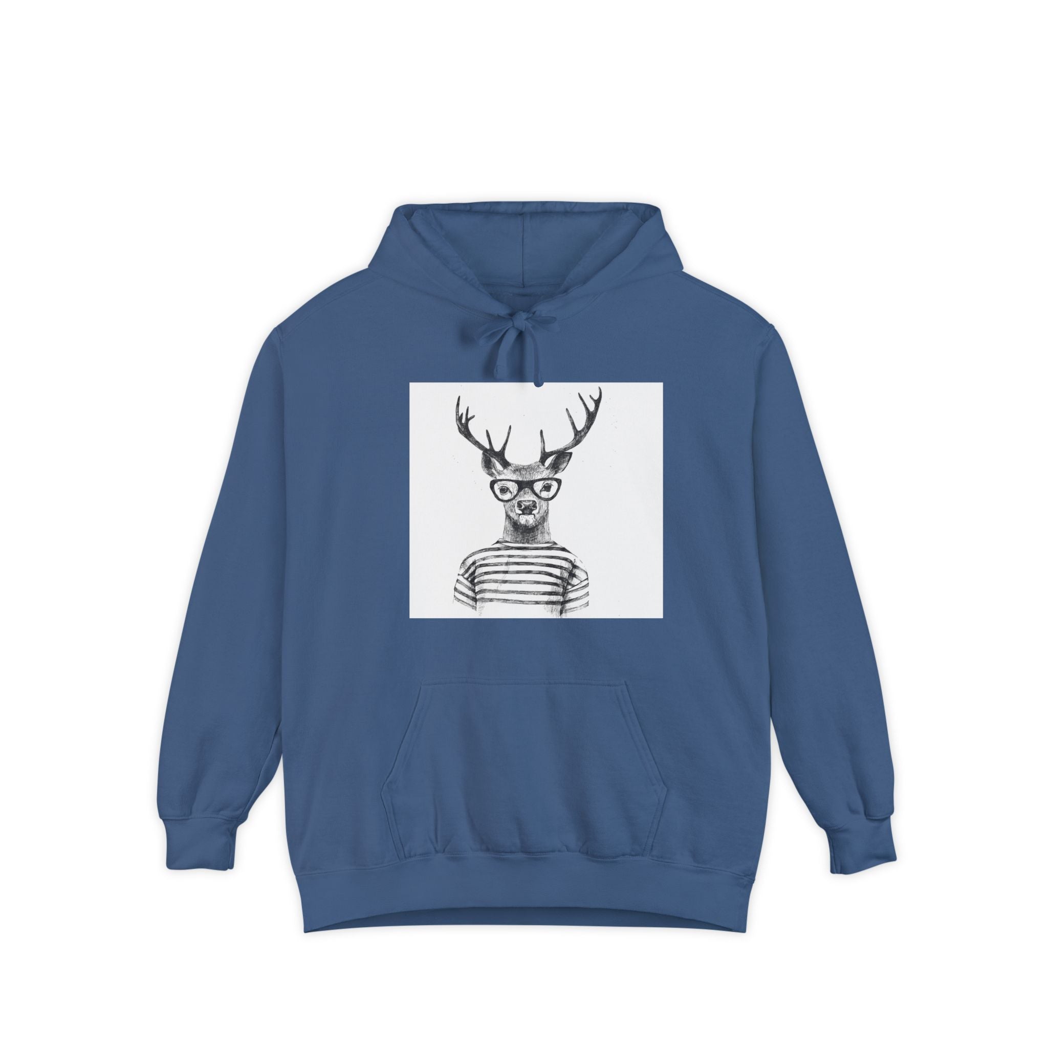 Deer in Glasses Hoodie — Hipster Stag Graphic Pullover (Joyful Script Back)