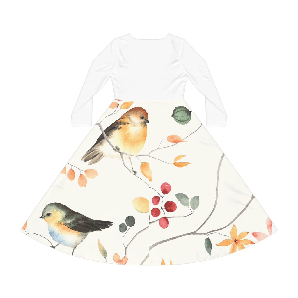 Women's Long Sleeve Dress - Watercolor Robin & Berries Floral Print