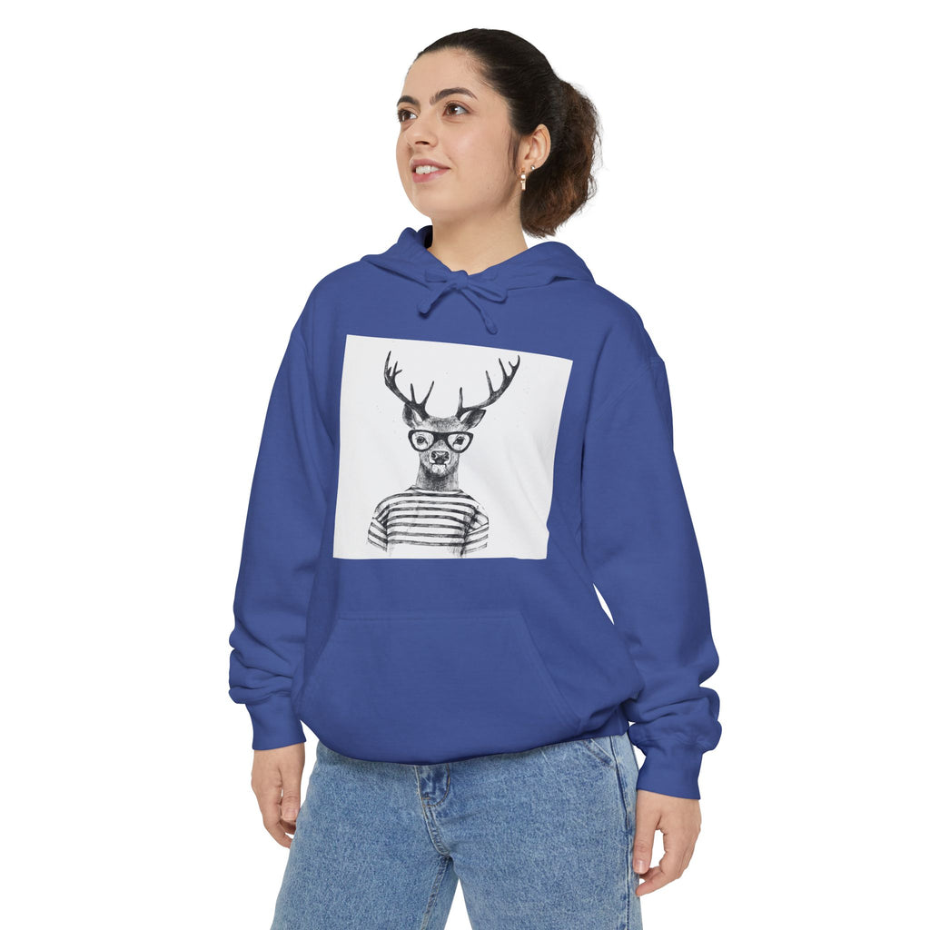 Deer in Glasses Hoodie — Hipster Stag Graphic Pullover (Joyful Script Back)