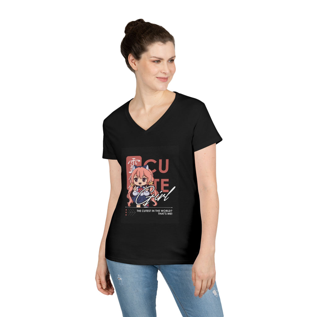Cute Girl Anime V-Neck Tee — "Cutie Girl" Graphic Women's T-Shirt