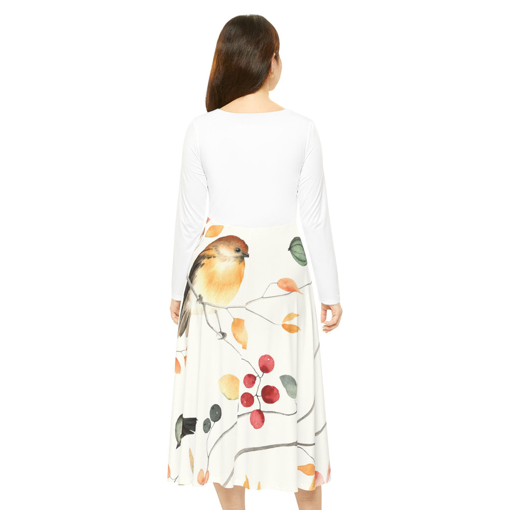 Women's Long Sleeve Dress - Watercolor Robin & Berries Floral Print