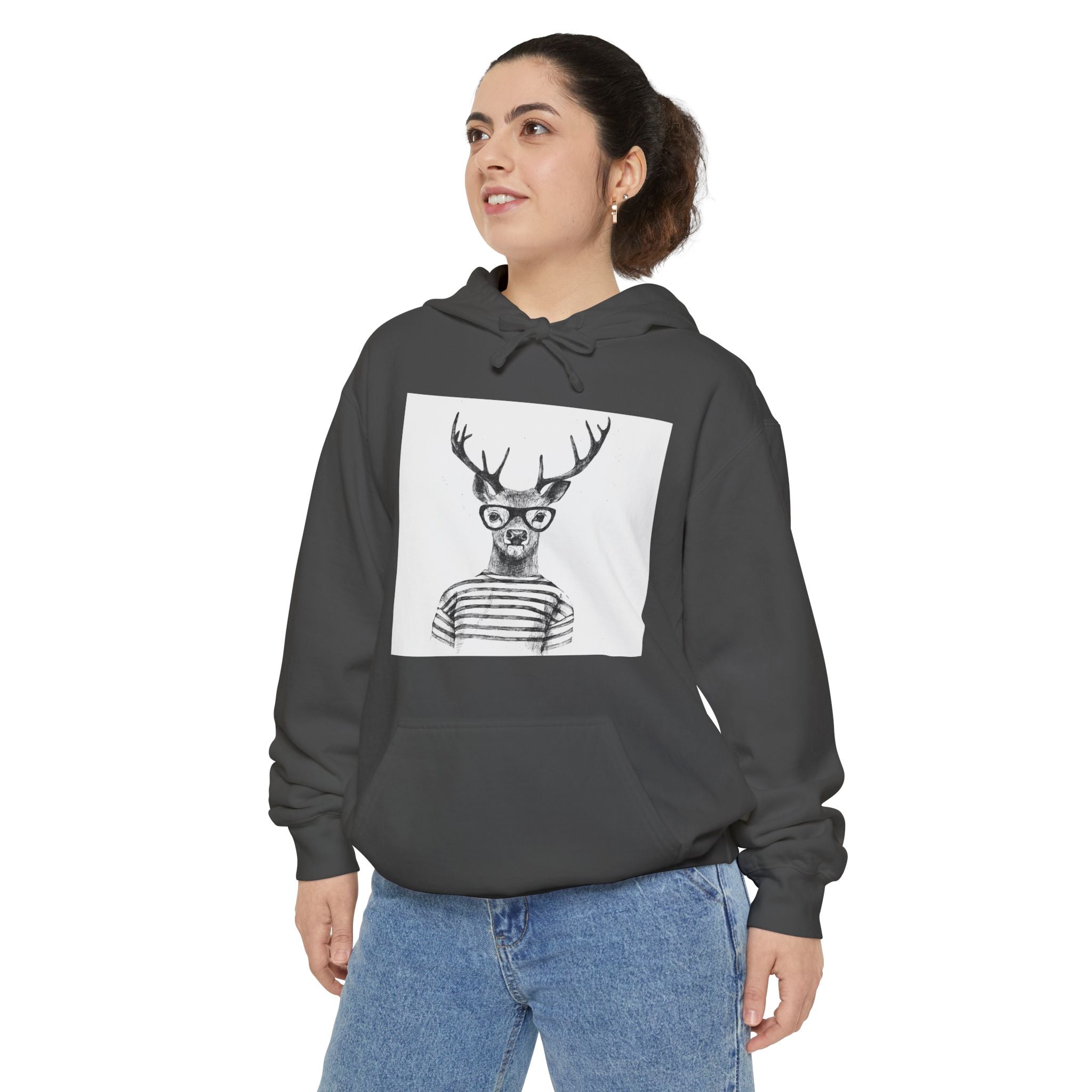 Deer in Glasses Hoodie — Hipster Stag Graphic Pullover (Joyful Script Back)