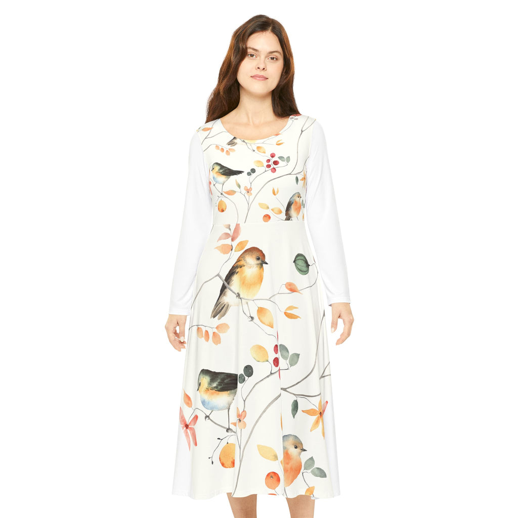 Women's Long Sleeve Dress - Watercolor Robin & Berries Floral Print