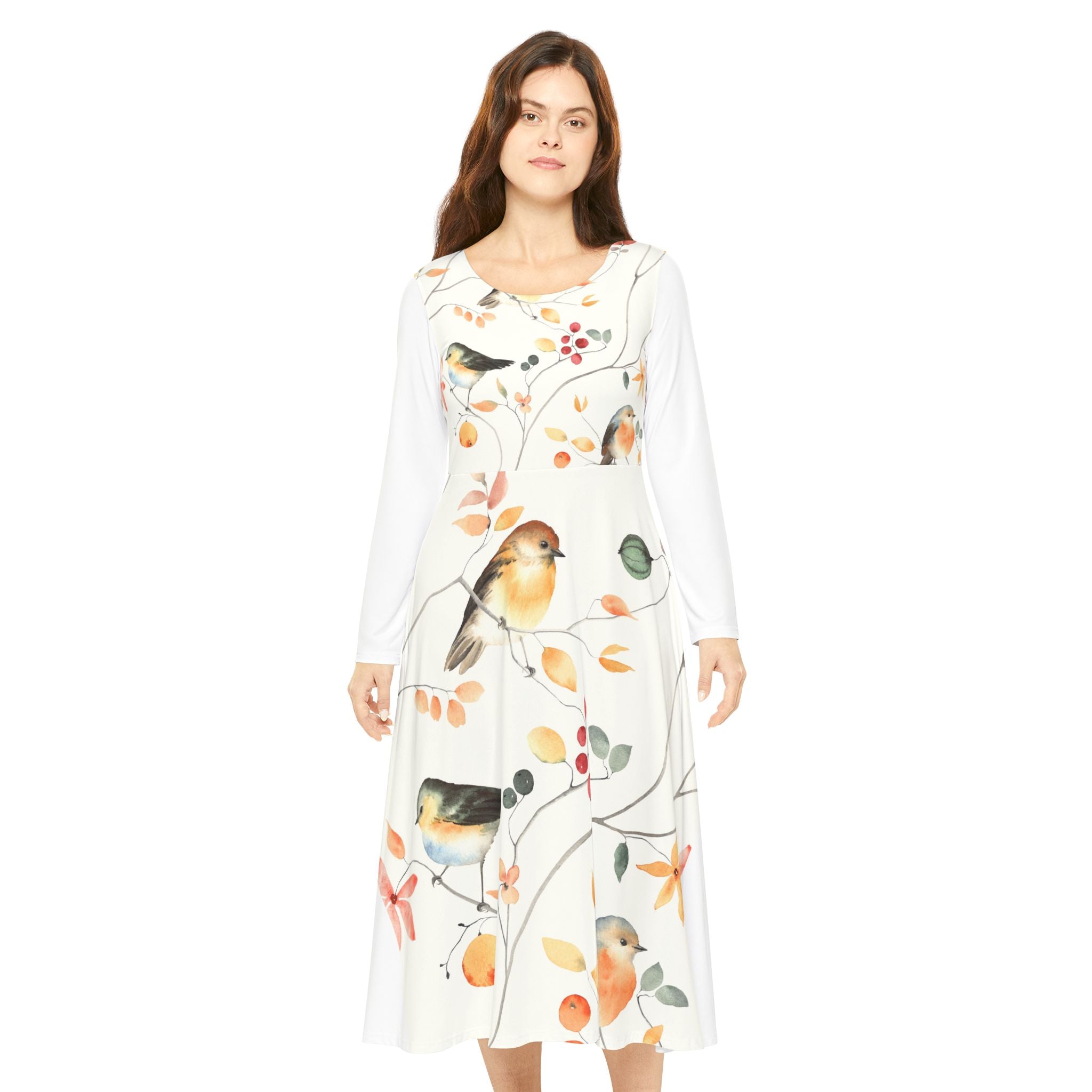 Women's Long Sleeve Dress - Watercolor Robin & Berries Floral Print