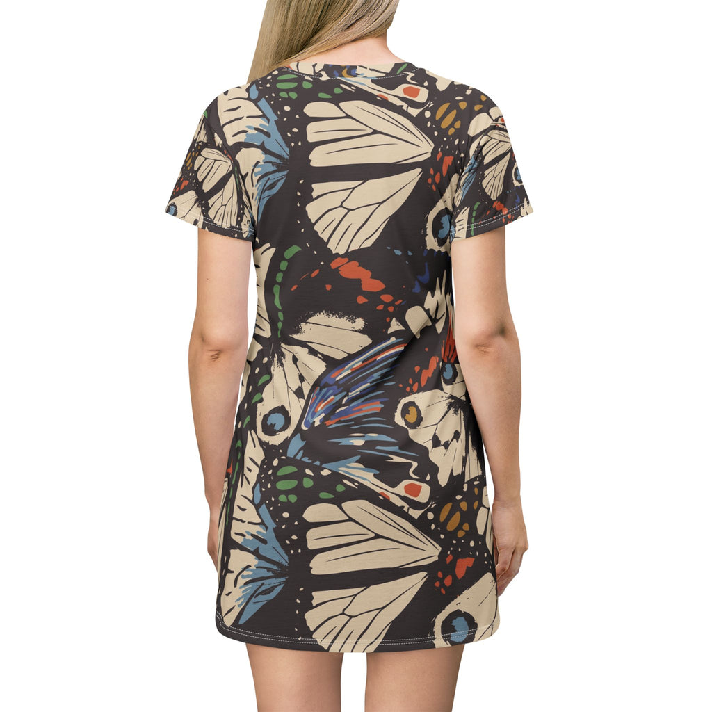 Butterfly Pattern T-Shirt Dress — Vintage Moth All-Over Print
