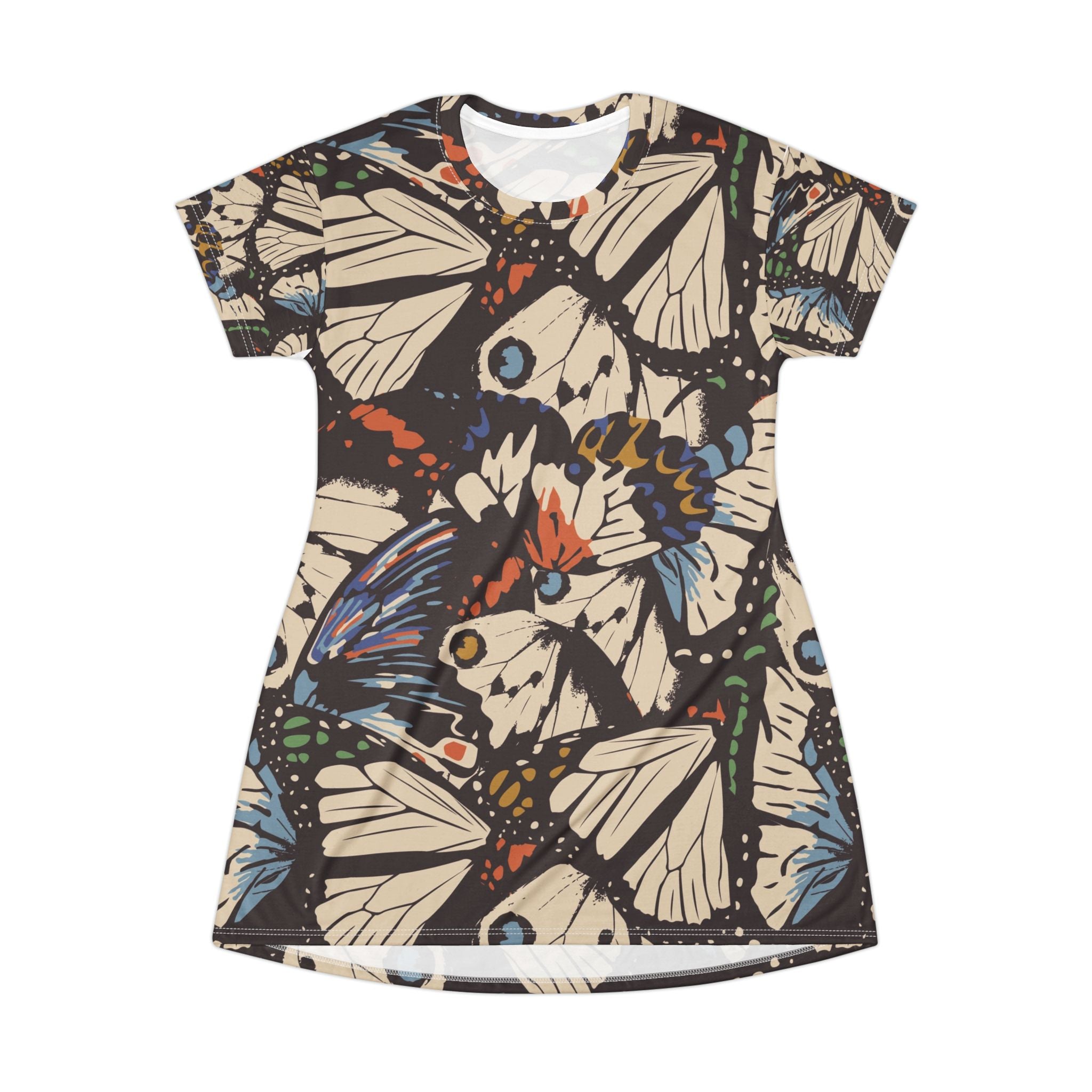Butterfly Pattern T-Shirt Dress — Vintage Moth All-Over Print