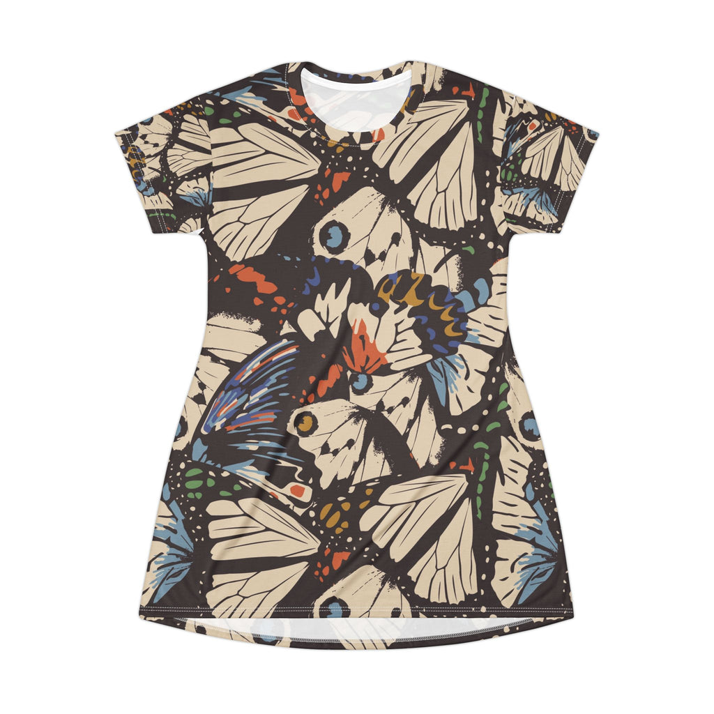 Butterfly Pattern T-Shirt Dress — Vintage Moth All-Over Print