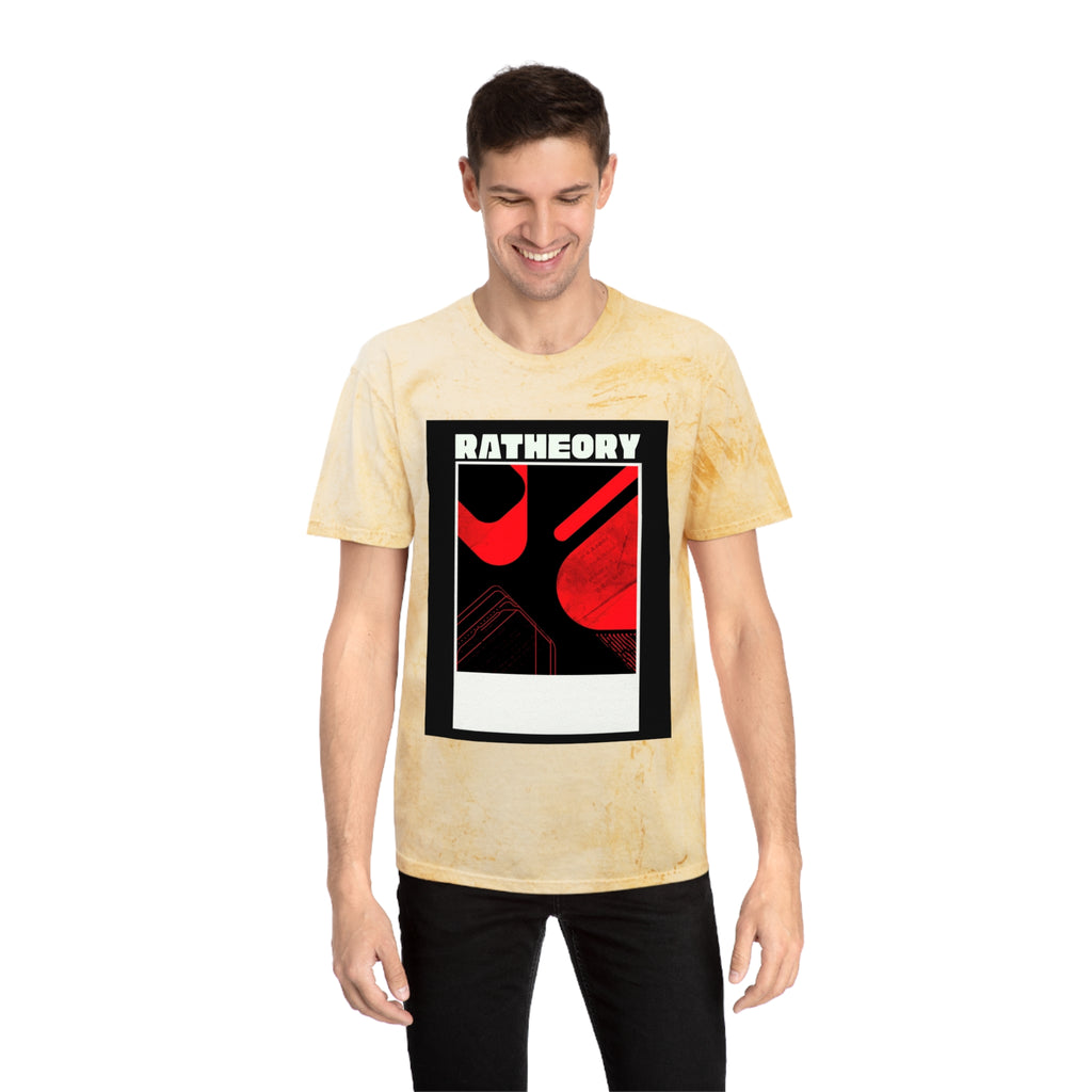 Ratheory Graphic T-Shirt — Retro Red & Black Photo-Frame Design on Marbled Yellow Tee