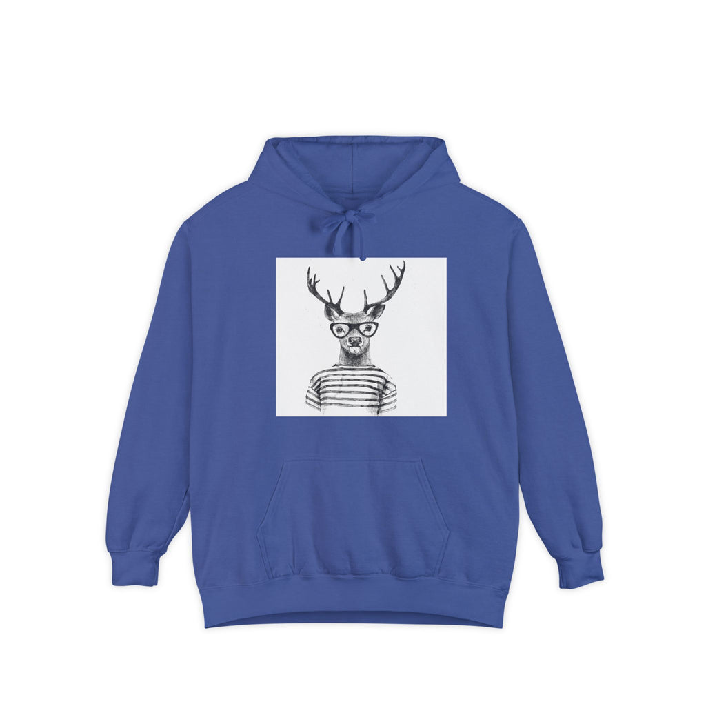 Deer in Glasses Hoodie — Hipster Stag Graphic Pullover (Joyful Script Back)