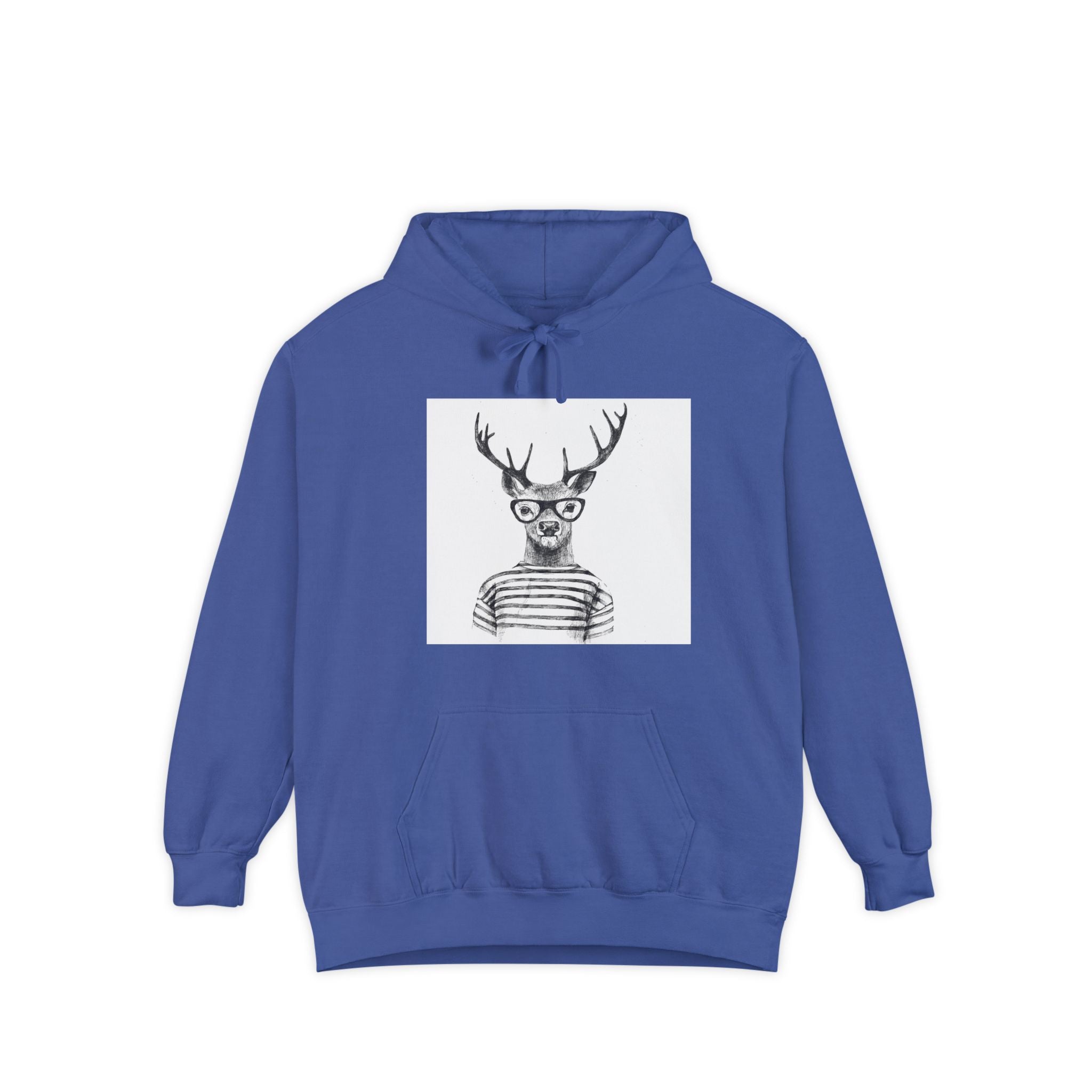 Deer in Glasses Hoodie — Hipster Stag Graphic Pullover (Joyful Script Back)