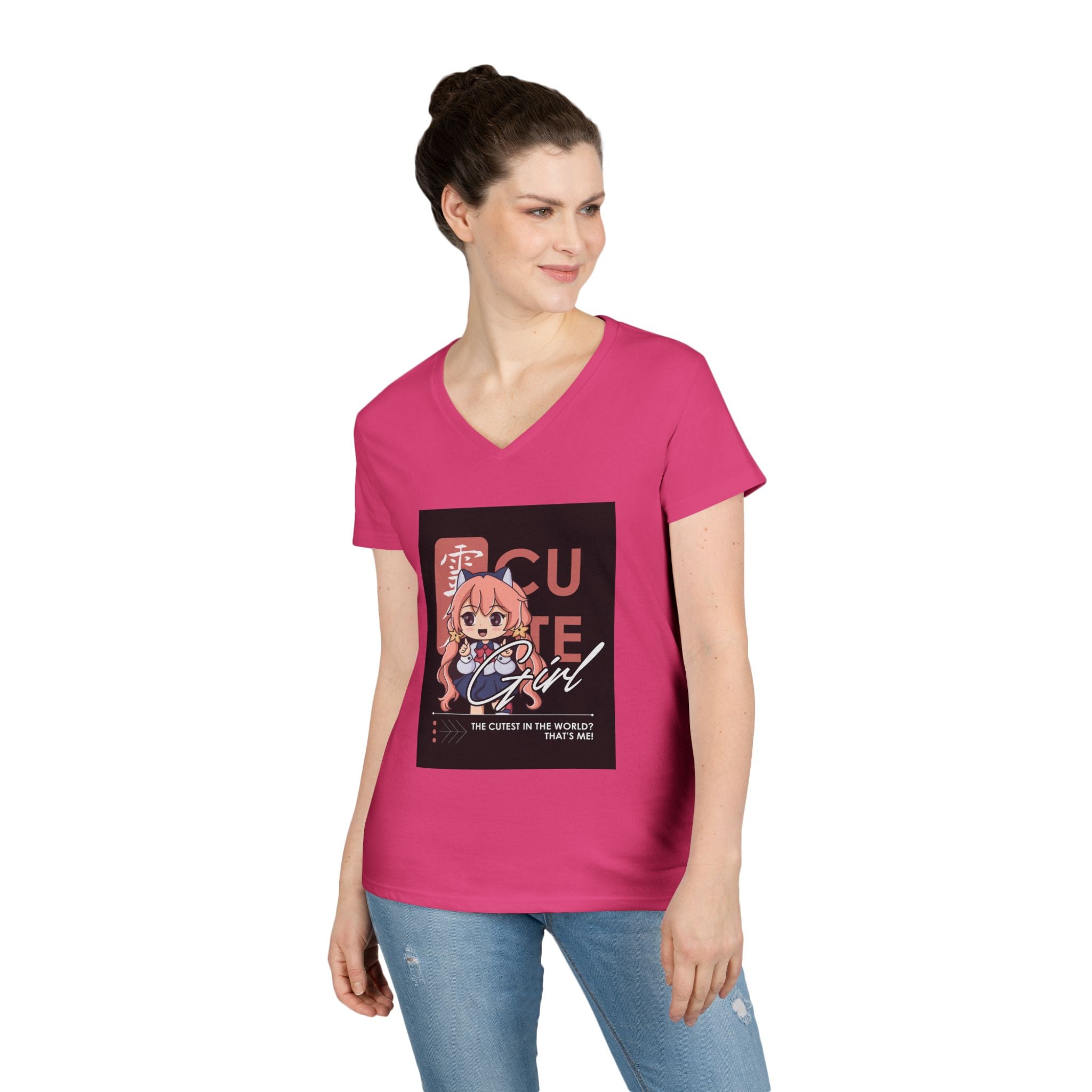 Cute Girl Anime V-Neck Tee — "Cutie Girl" Graphic Women's T-Shirt