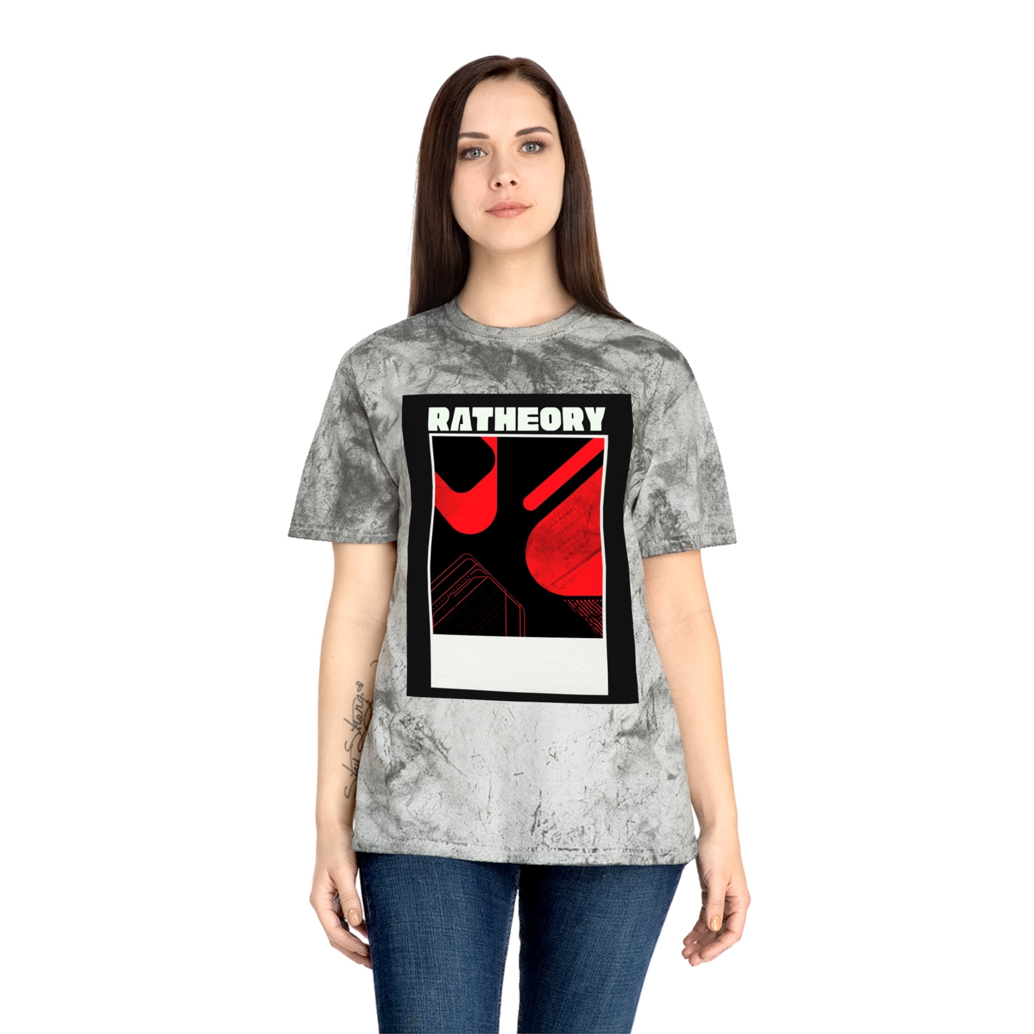 Ratheory Graphic T-Shirt — Retro Red & Black Photo-Frame Design on Marbled Yellow Tee
