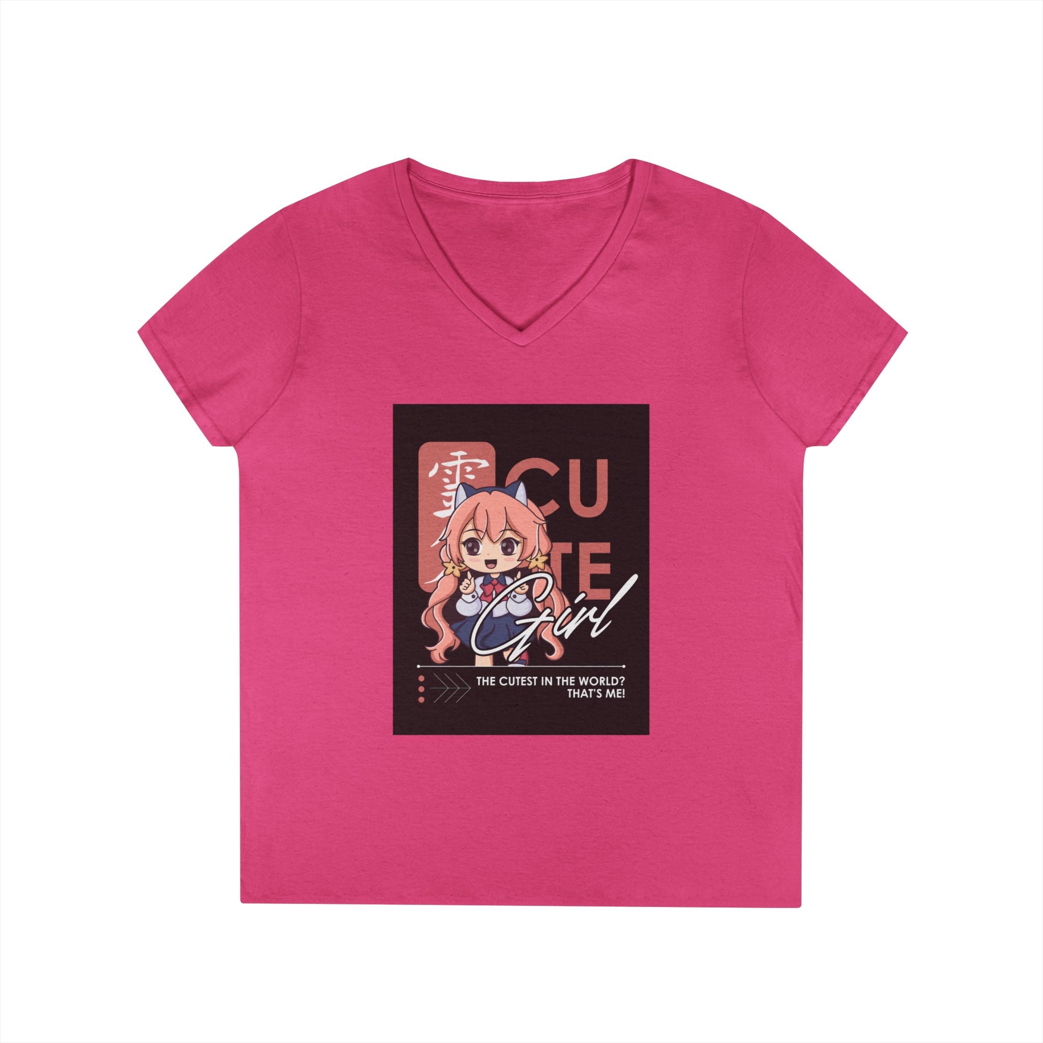 Cute Girl Anime V-Neck Tee — "Cutie Girl" Graphic Women's T-Shirt