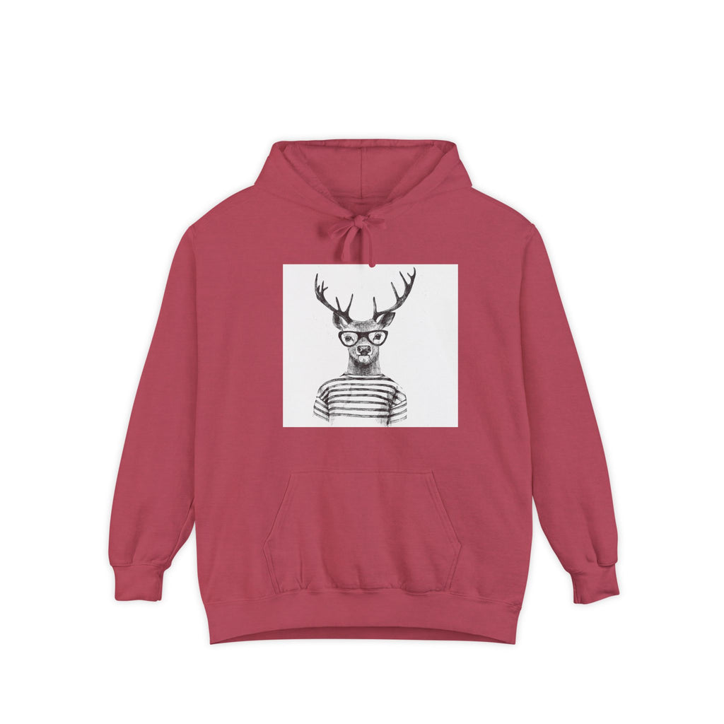 Deer in Glasses Hoodie — Hipster Stag Graphic Pullover (Joyful Script Back)