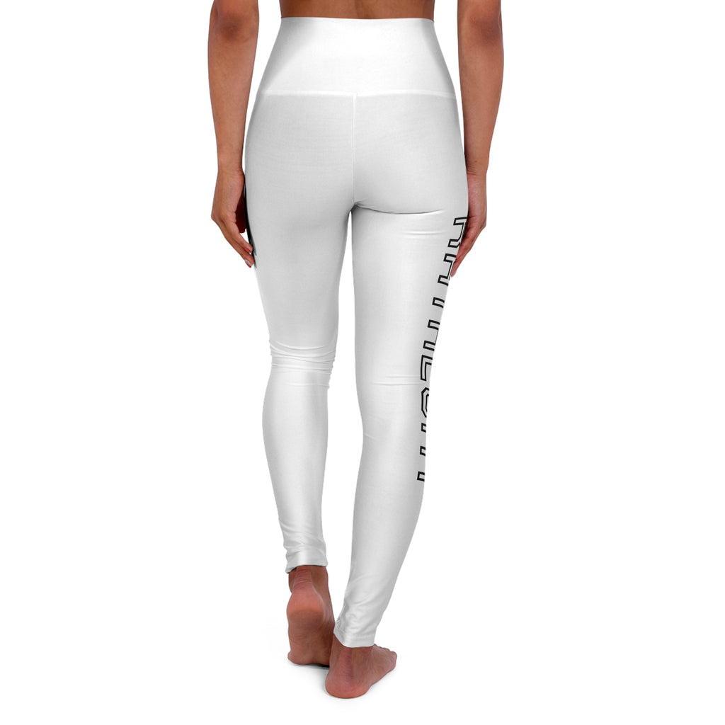 Victory Pose High-Waist Yoga Leggings — Light Blue AOP with Silhouette & 'Victory' Text