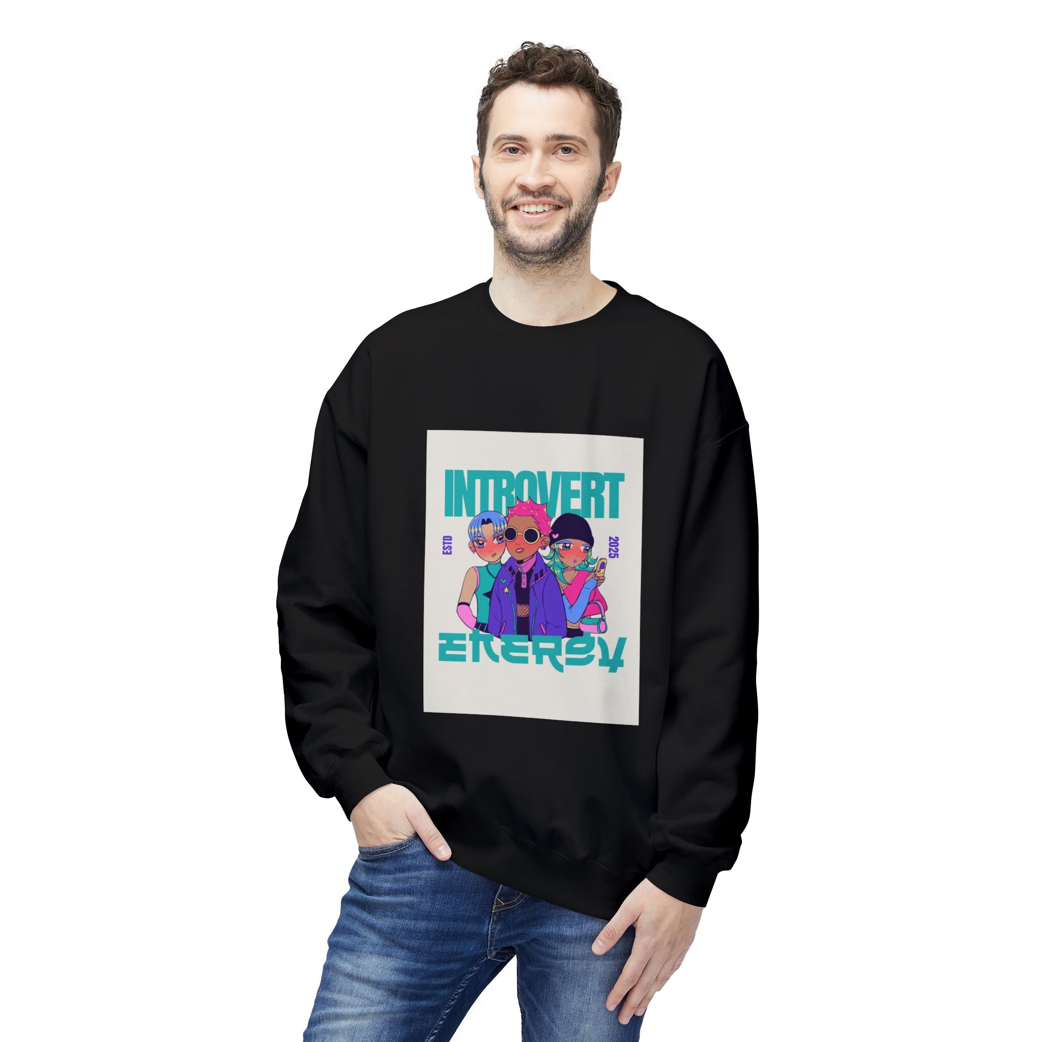 Introvert Energy Crewneck Sweatshirt — Retro Neon Graphic Pullover