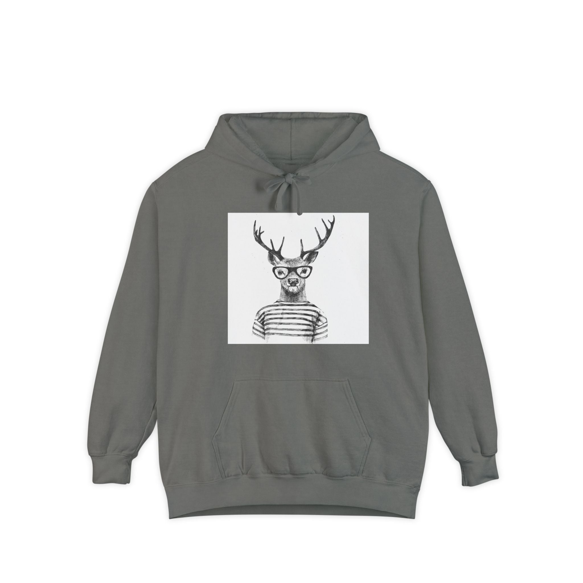 Deer in Glasses Hoodie — Hipster Stag Graphic Pullover (Joyful Script Back)
