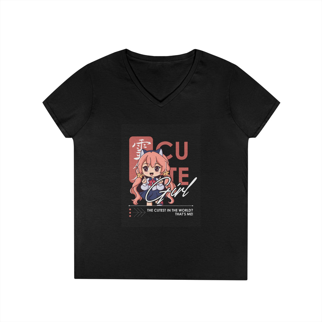 Cute Girl Anime V-Neck Tee — "Cutie Girl" Graphic Women's T-Shirt