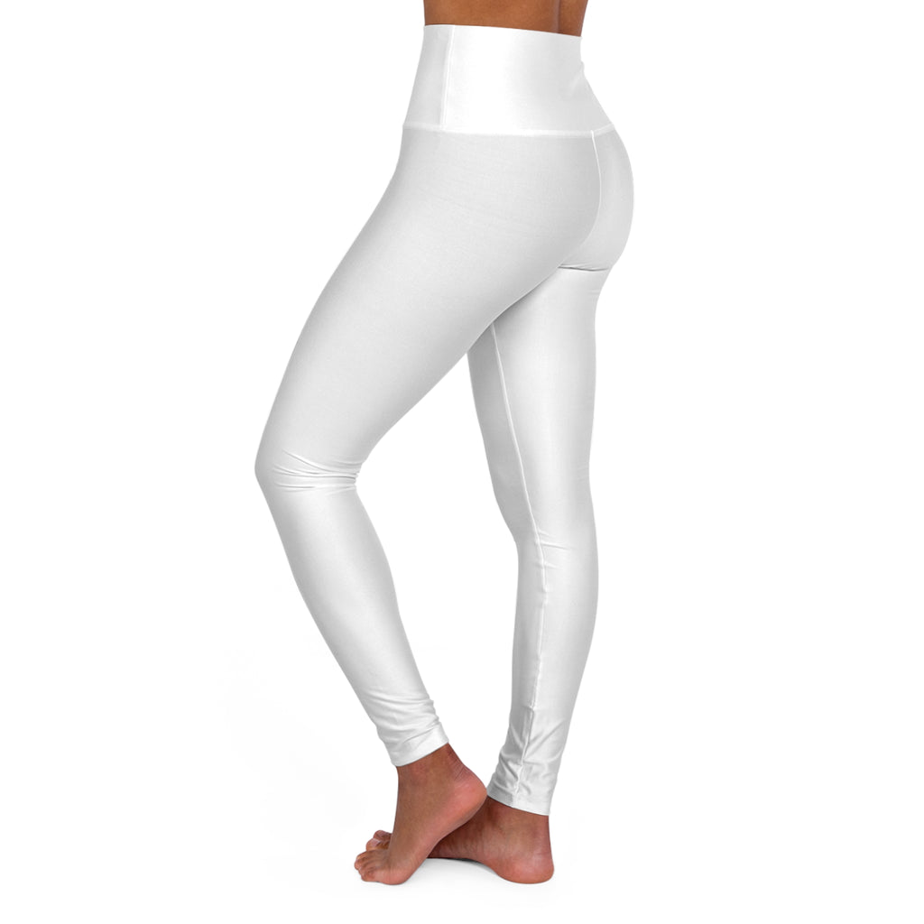 Victory Pose High-Waist Yoga Leggings — Light Blue AOP with Silhouette & 'Victory' Text