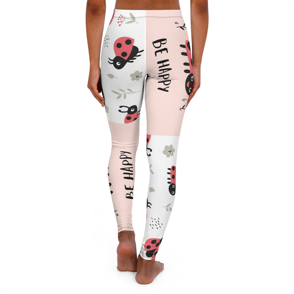 Ladybug Pattern "Be Happy" Leggings — Cute Pink Floral Women's Activewear