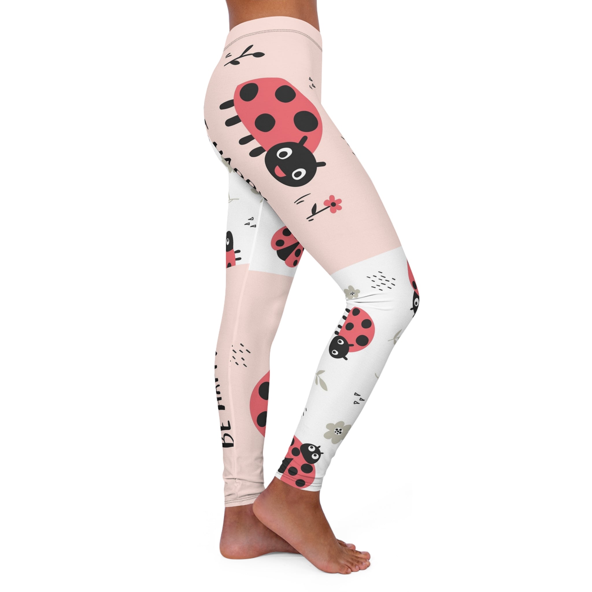 Ladybug Pattern "Be Happy" Leggings — Cute Pink Floral Women's Activewear