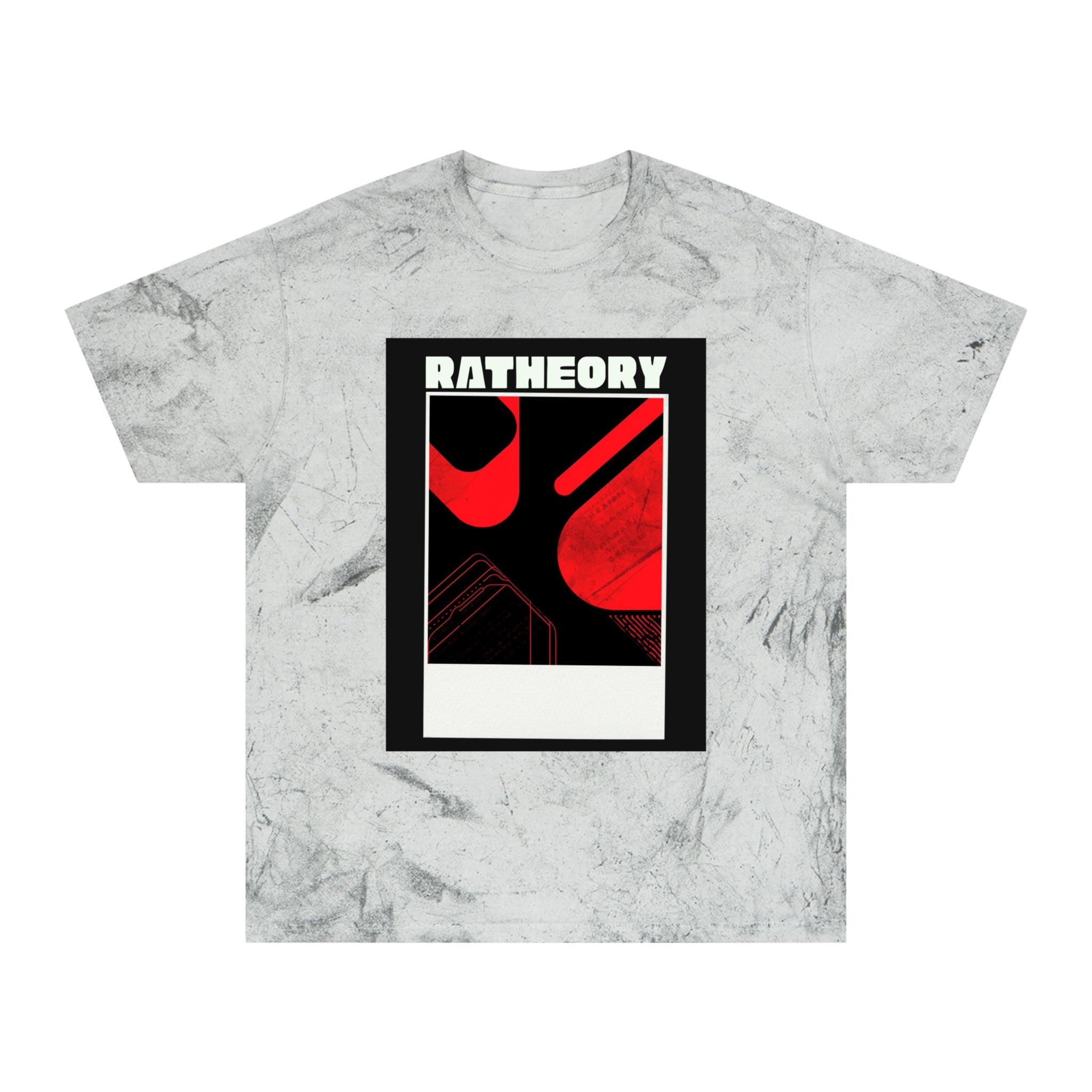 Ratheory Graphic T-Shirt — Retro Red & Black Photo-Frame Design on Marbled Yellow Tee