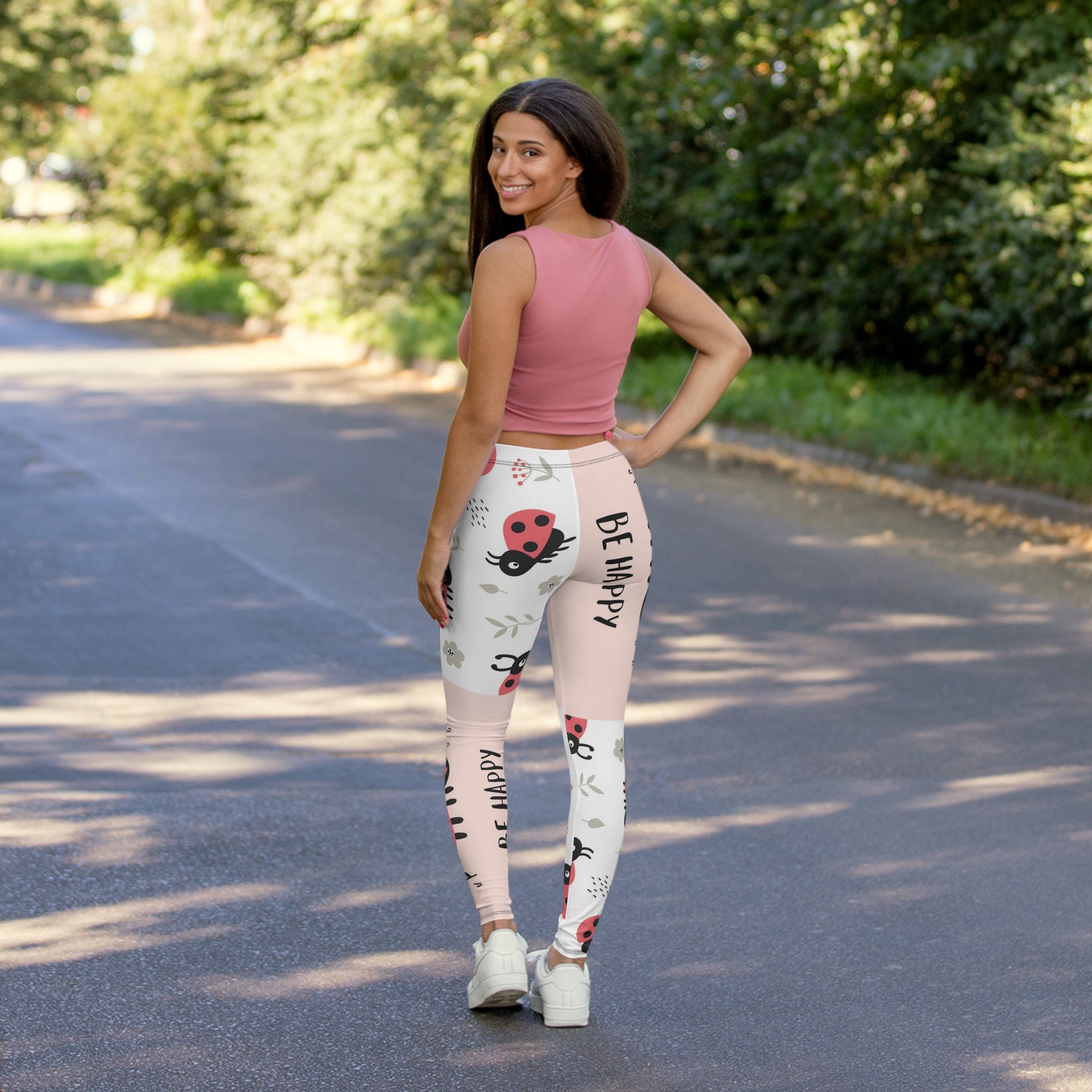 Ladybug Pattern "Be Happy" Leggings — Cute Pink Floral Women's Activewear