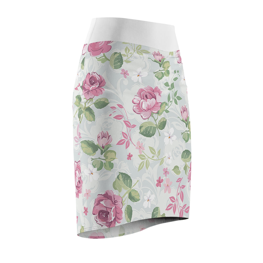 Floral Watercolor Pencil Skirt — Soft Pastel Bloom Print