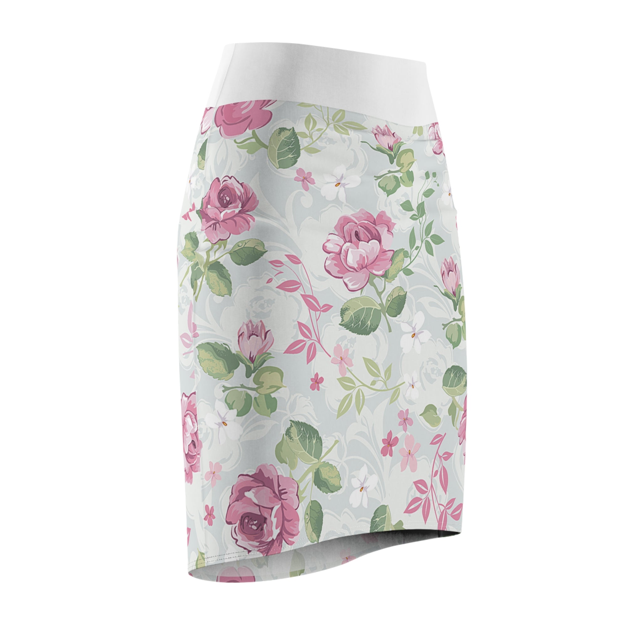Floral Watercolor Pencil Skirt — Soft Pastel Bloom Print