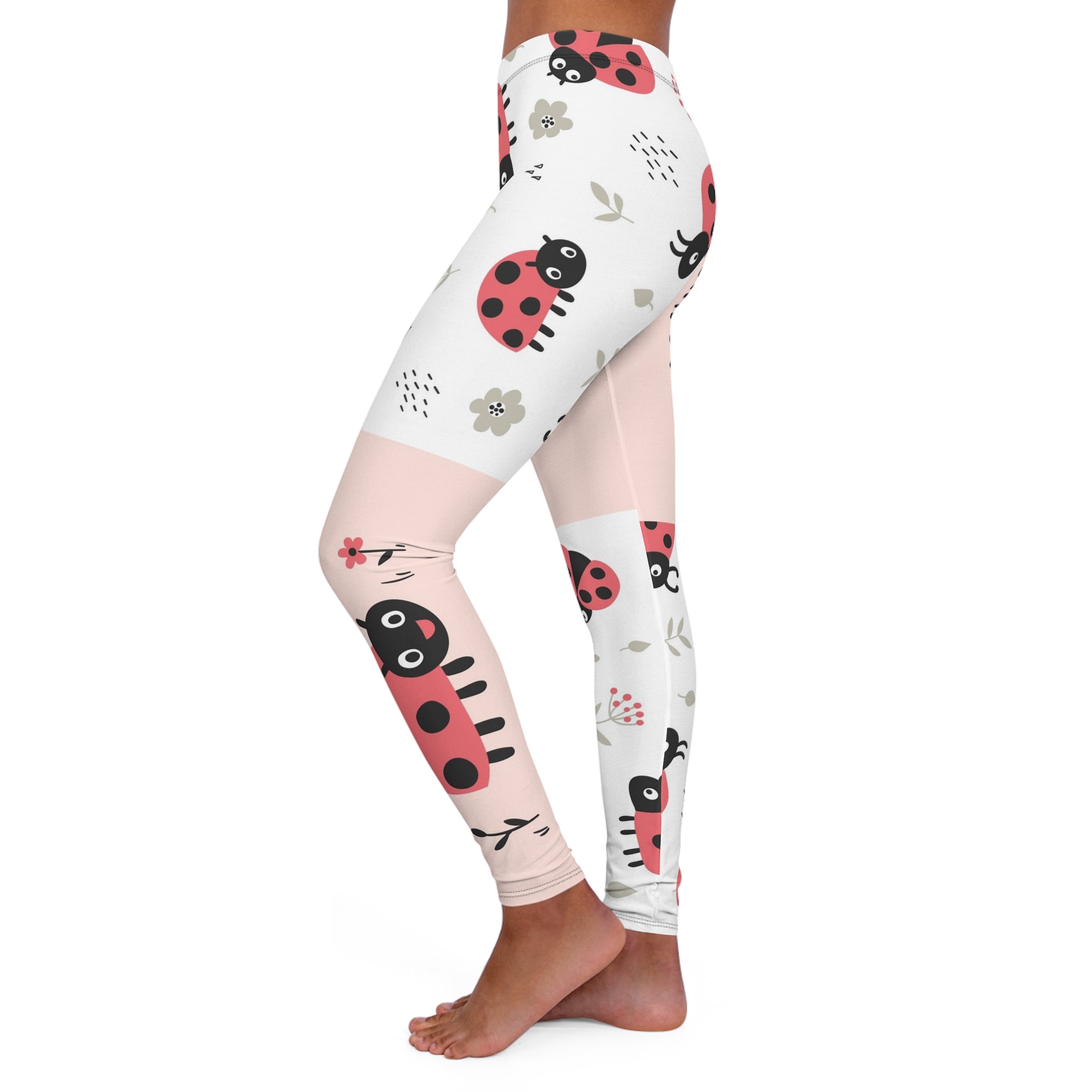 Ladybug Pattern "Be Happy" Leggings — Cute Pink Floral Women's Activewear