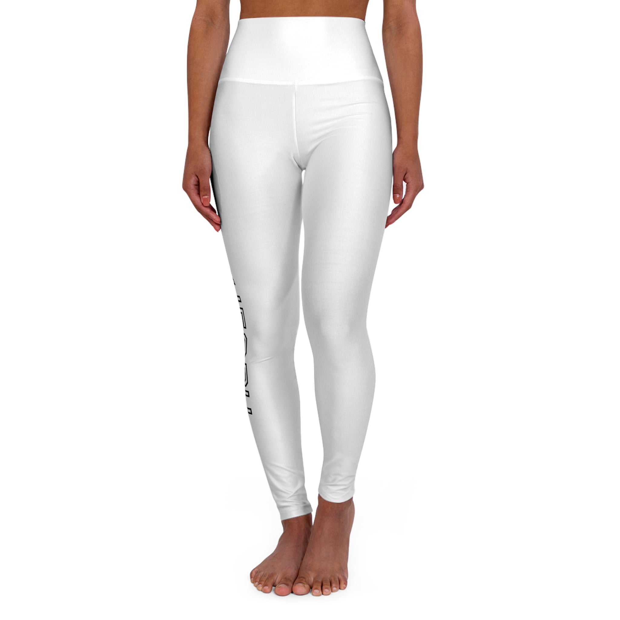 Victory Pose High-Waist Yoga Leggings — Light Blue AOP with Silhouette & 'Victory' Text