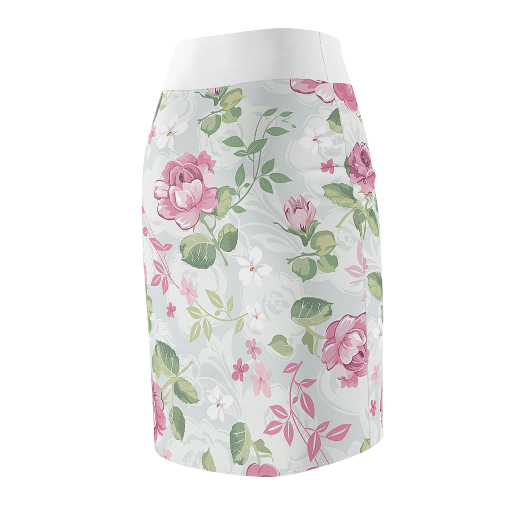 Floral Watercolor Pencil Skirt — Soft Pastel Bloom Print