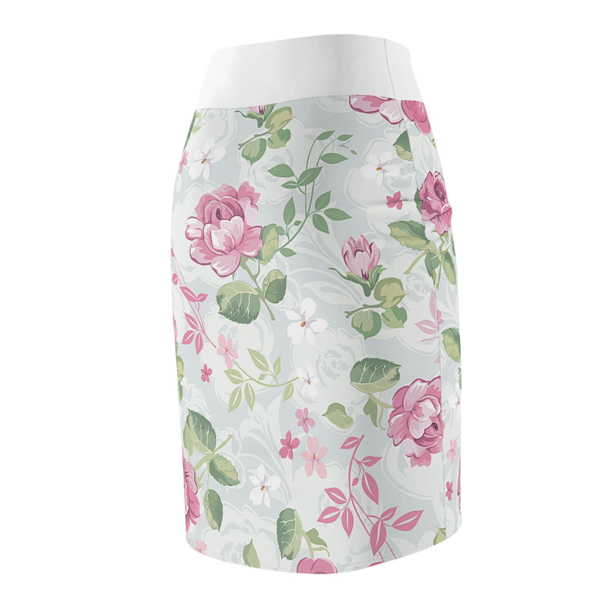 Floral Watercolor Pencil Skirt — Soft Pastel Bloom Print