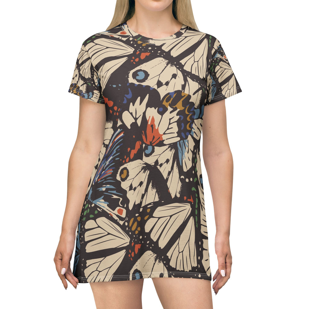 Butterfly Pattern T-Shirt Dress — Vintage Moth All-Over Print