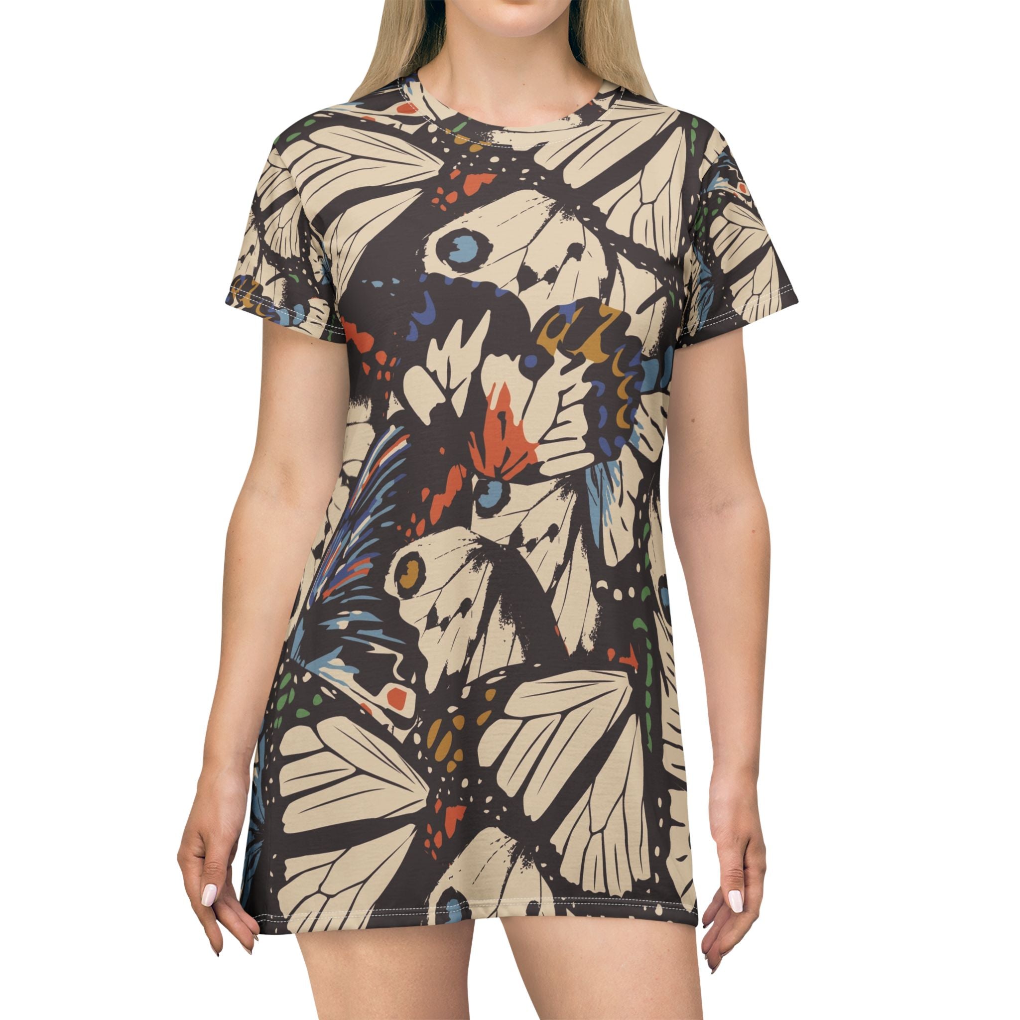 Butterfly Pattern T-Shirt Dress — Vintage Moth All-Over Print