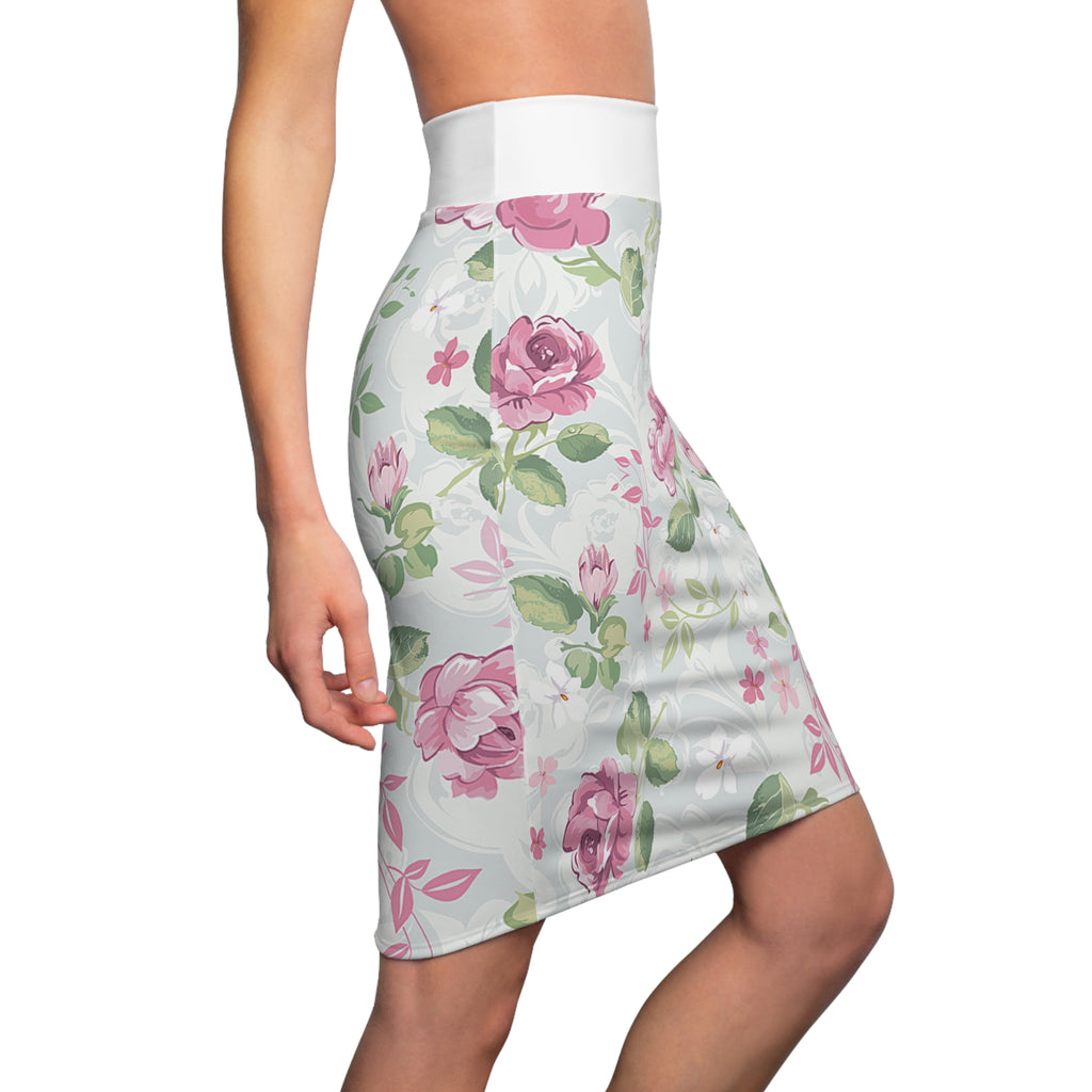 Floral Watercolor Pencil Skirt — Soft Pastel Bloom Print