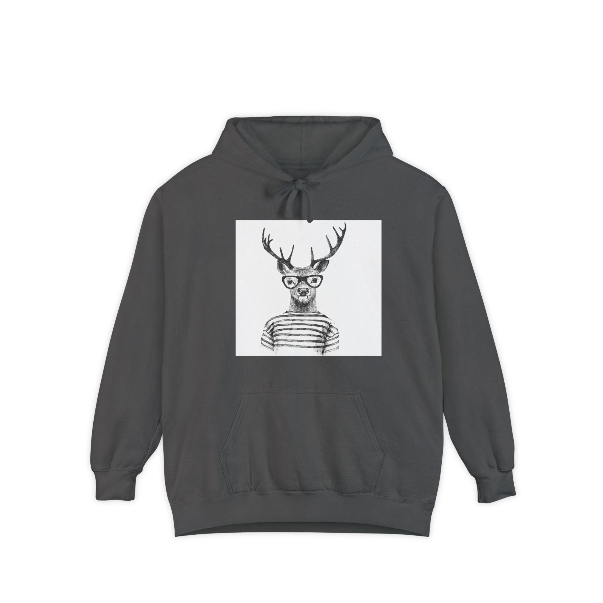 Deer in Glasses Hoodie — Hipster Stag Graphic Pullover (Joyful Script Back)