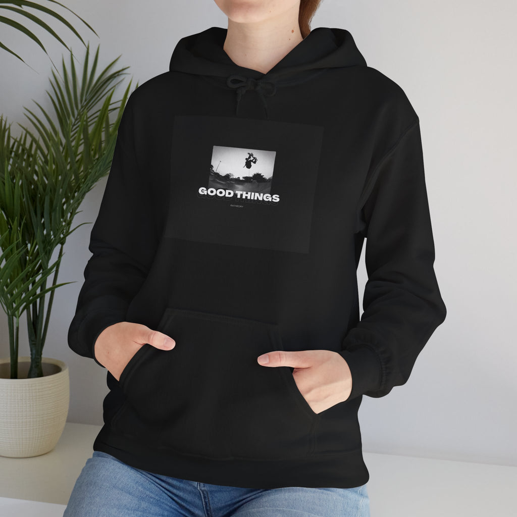 Good Things Hoodie — Minimal Black Graphic Pullover