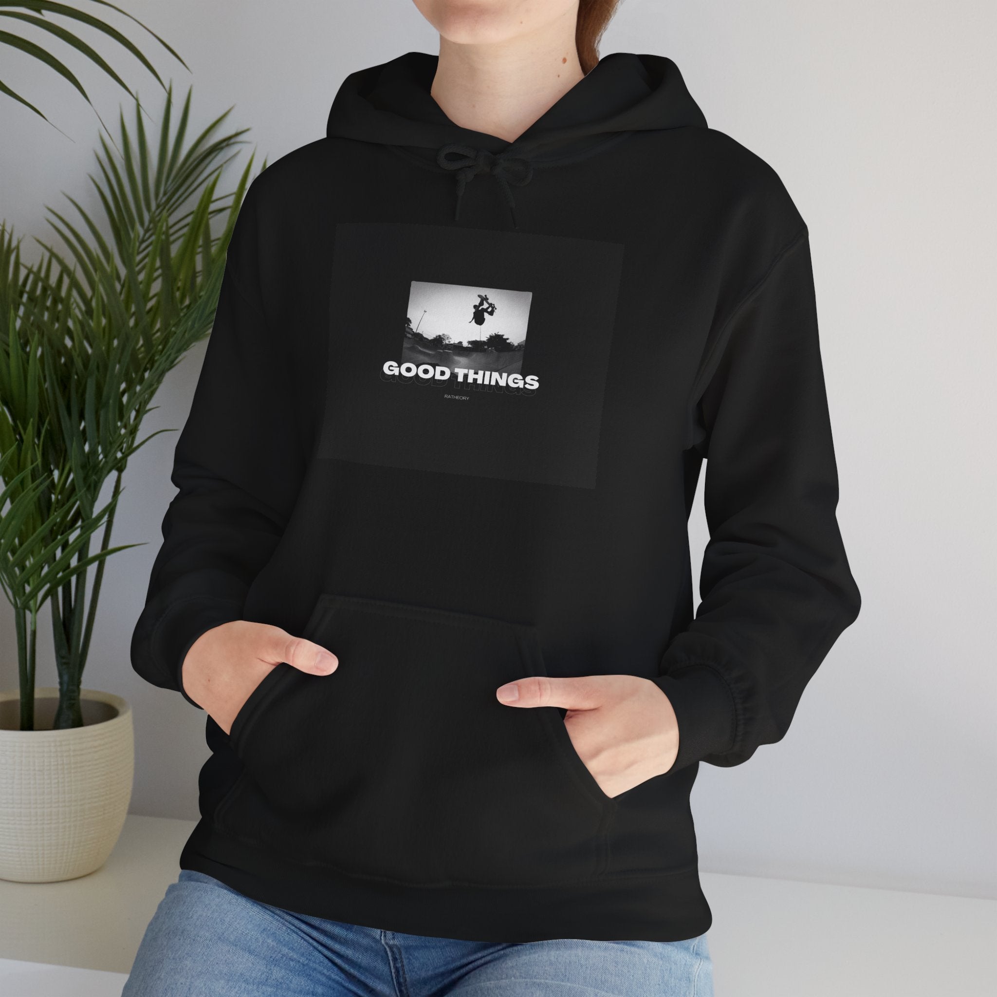 Good Things Hoodie — Minimal Black Graphic Pullover
