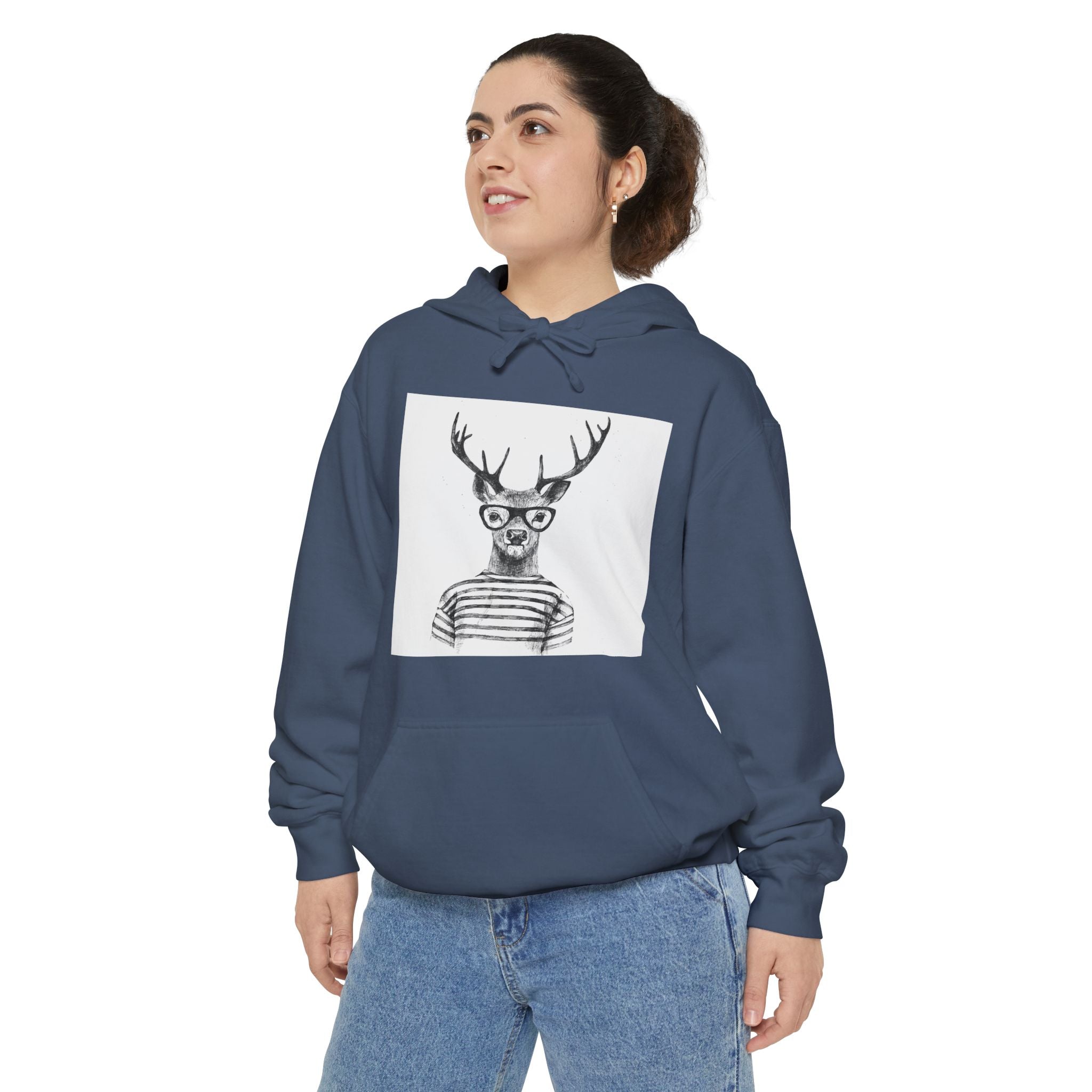Deer in Glasses Hoodie — Hipster Stag Graphic Pullover (Joyful Script Back)
