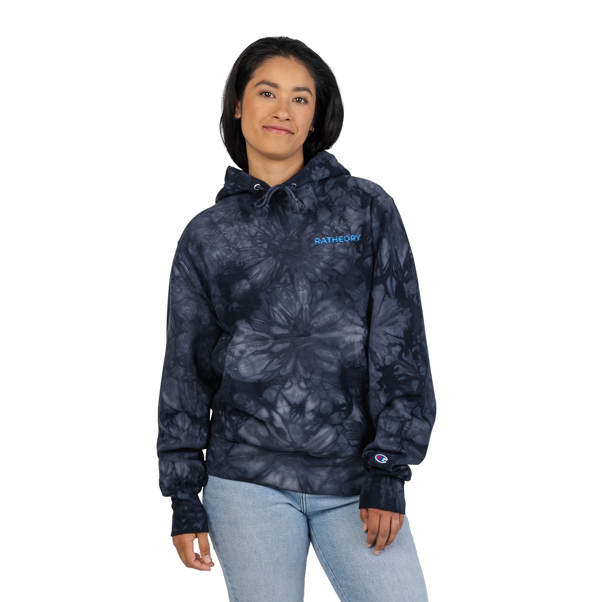 Tie-Dye Embroidered Hoodie — Black Swirl Champion Style