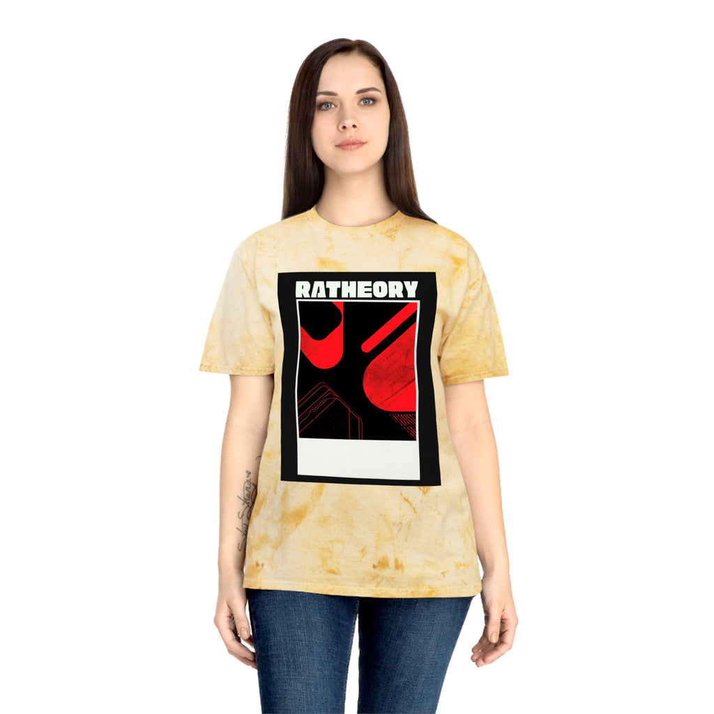 Ratheory Graphic T-Shirt — Retro Red & Black Photo-Frame Design on Marbled Yellow Tee
