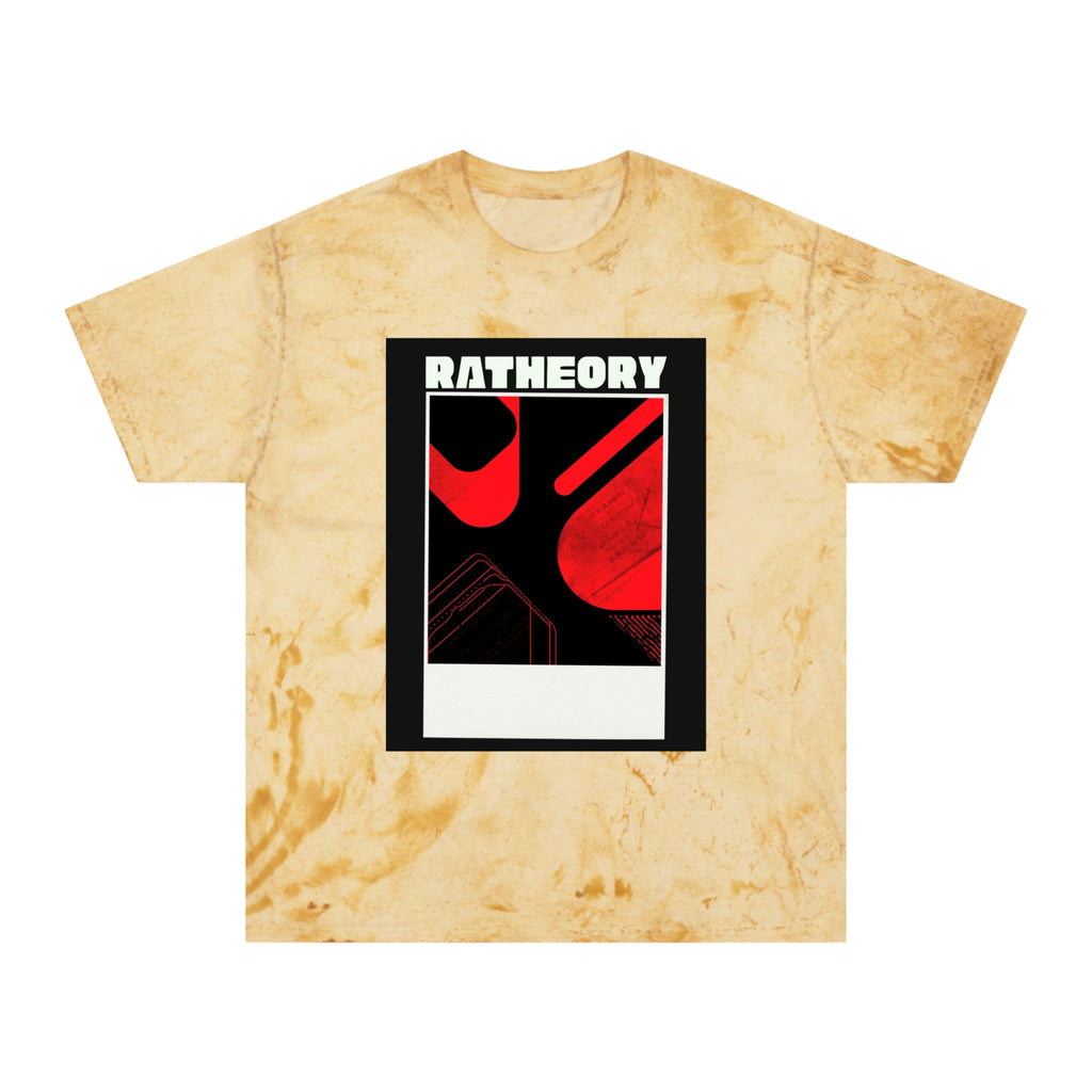 Ratheory Graphic T-Shirt — Retro Red & Black Photo-Frame Design on Marbled Yellow Tee
