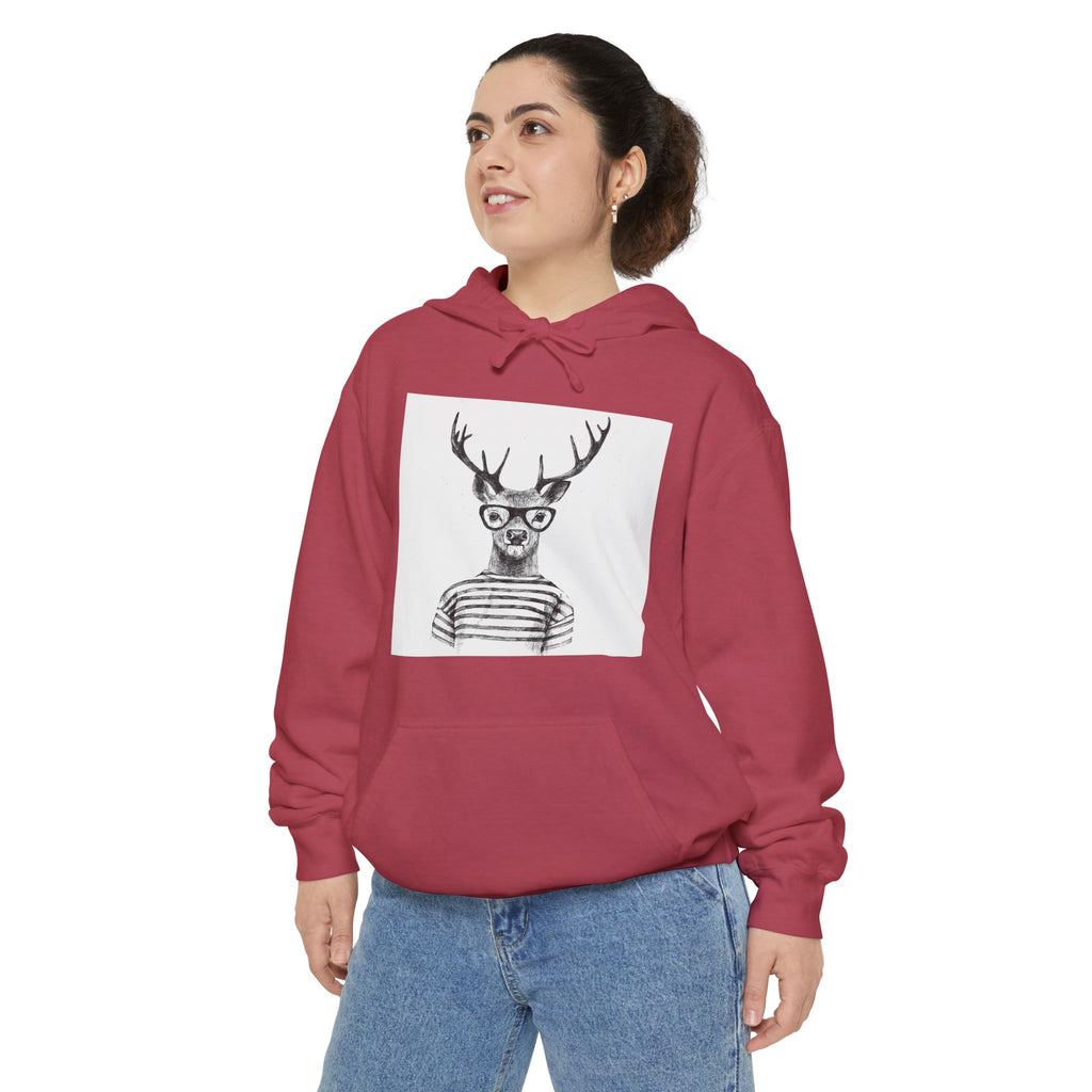 Deer in Glasses Hoodie — Hipster Stag Graphic Pullover (Joyful Script Back)