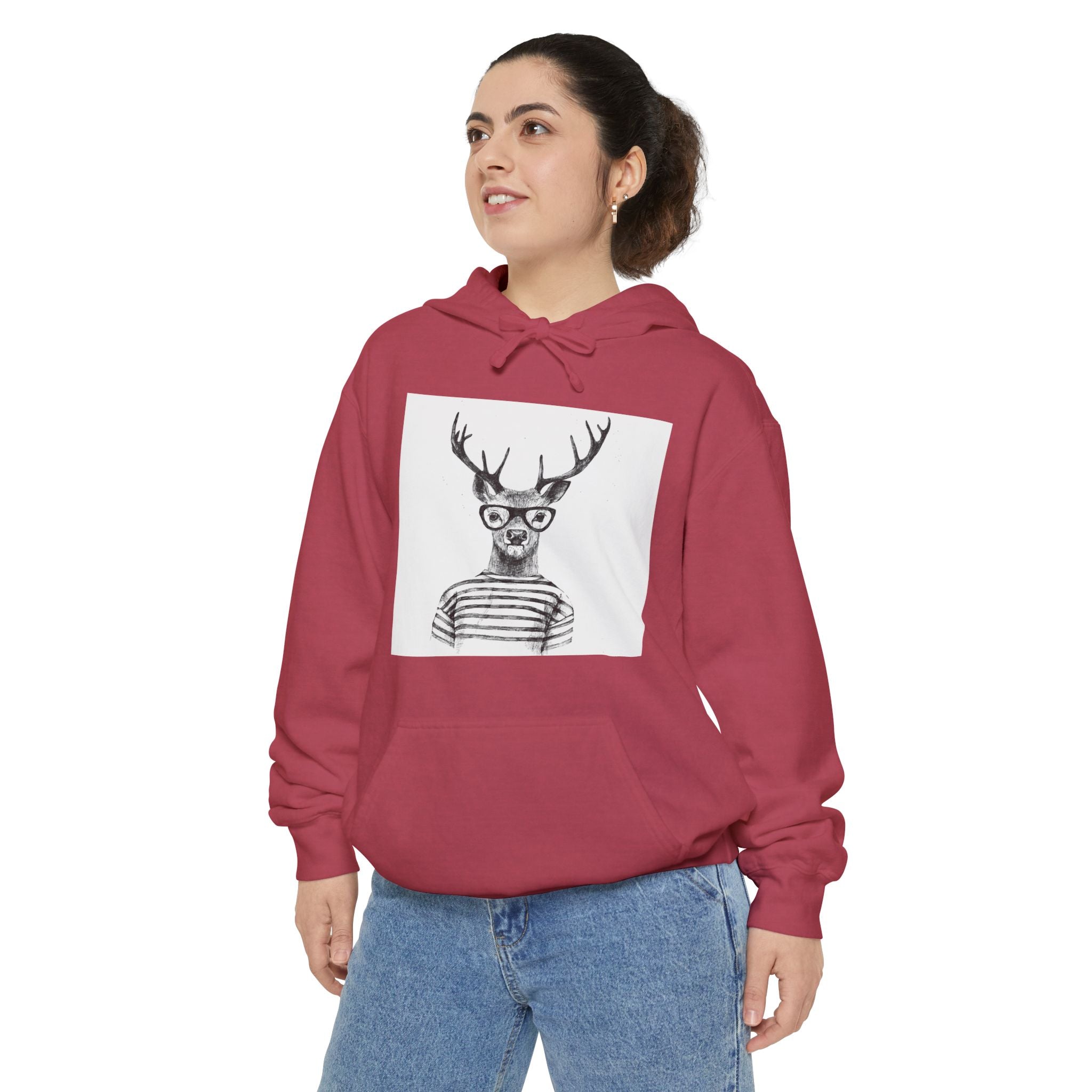 Deer in Glasses Hoodie — Hipster Stag Graphic Pullover (Joyful Script Back)