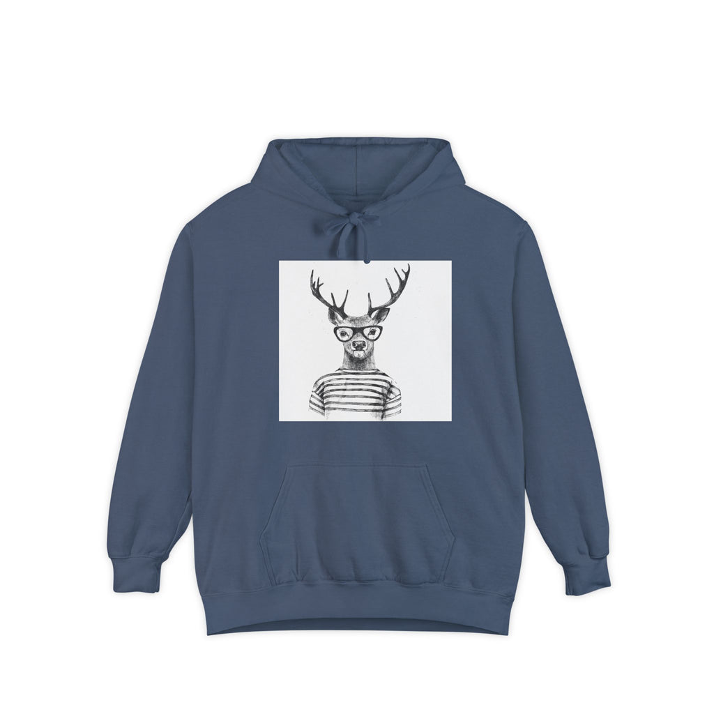 Deer in Glasses Hoodie — Hipster Stag Graphic Pullover (Joyful Script Back)